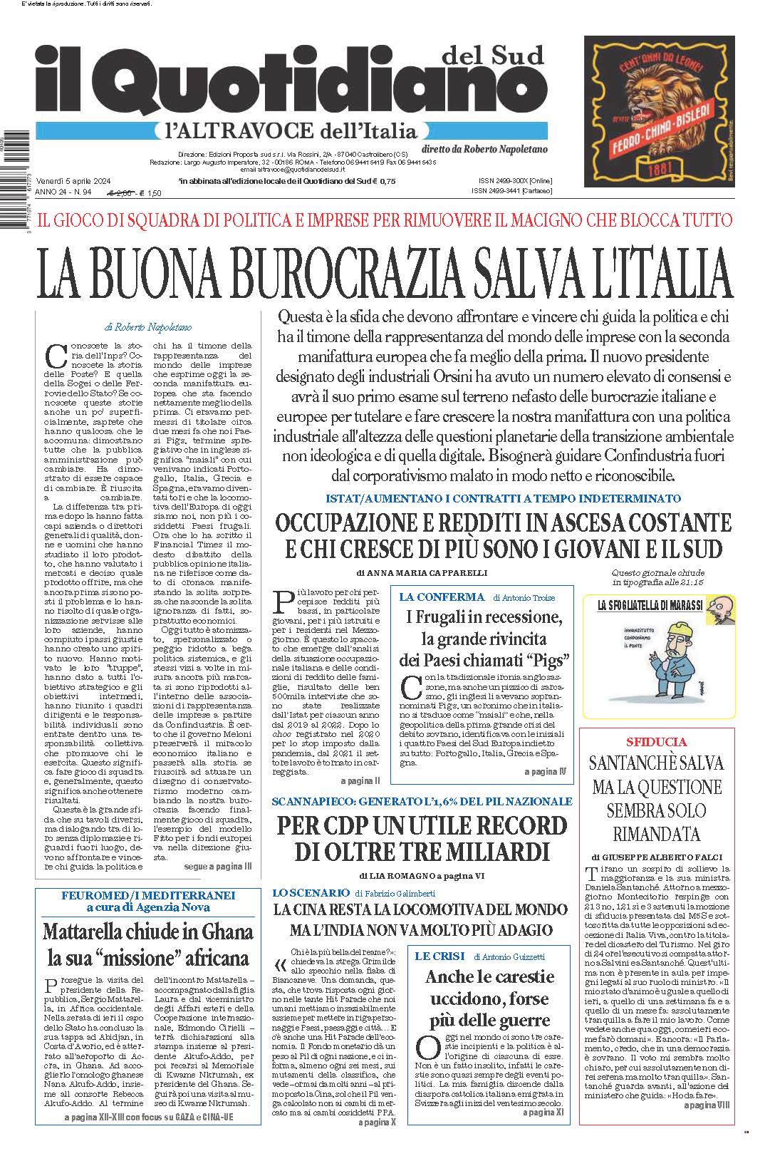 La prima pagina de l’ALTRAVOCE dell’ITALIA in edicola oggi