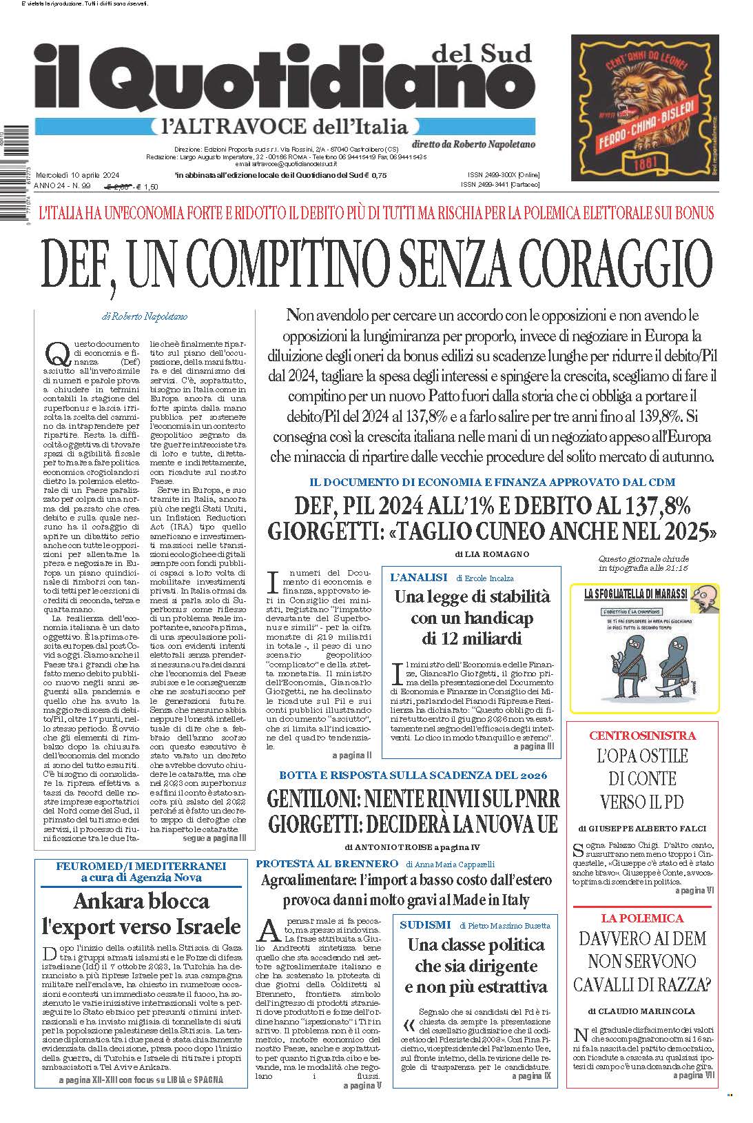 La prima pagina de l’ALTRAVOCE dell’ITALIA in edicola oggi