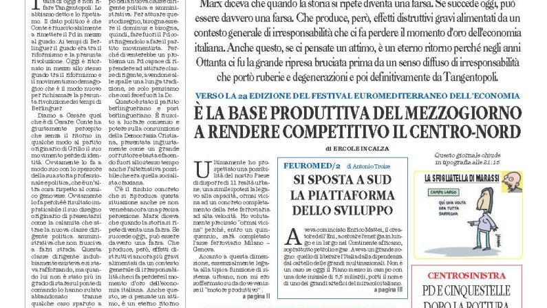 La prima pagina de l’ALTRAVOCE dell’ITALIA in edicola oggi