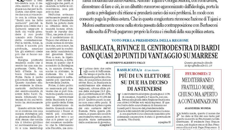 La prima pagina de l’ALTRAVOCE dell’ITALIA in edicola oggi