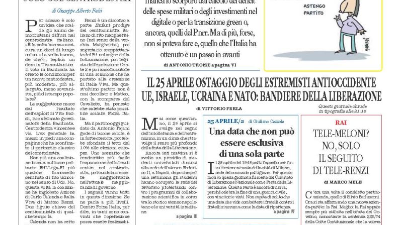 La prima pagina de l’ALTRAVOCE dell’ITALIA in edicola oggi