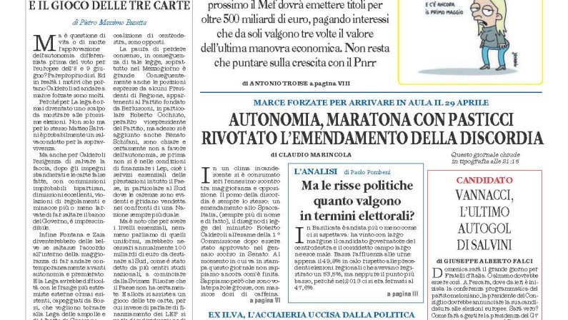 La prima pagina de l’ALTRAVOCE dell’ITALIA in edicola oggi