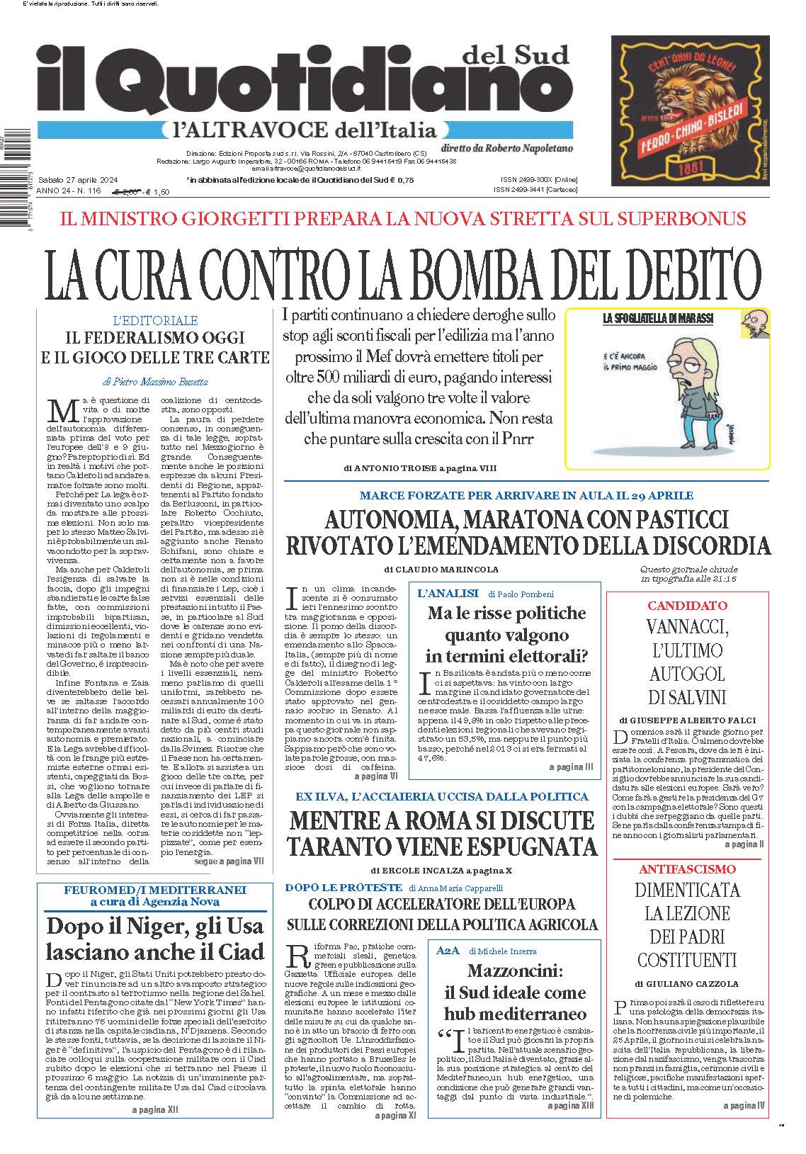La prima pagina de l’ALTRAVOCE dell’ITALIA in edicola oggi