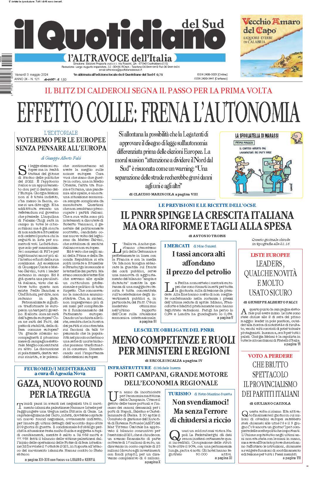La prima pagina de l’ALTRAVOCE dell’ITALIA in edicola oggi