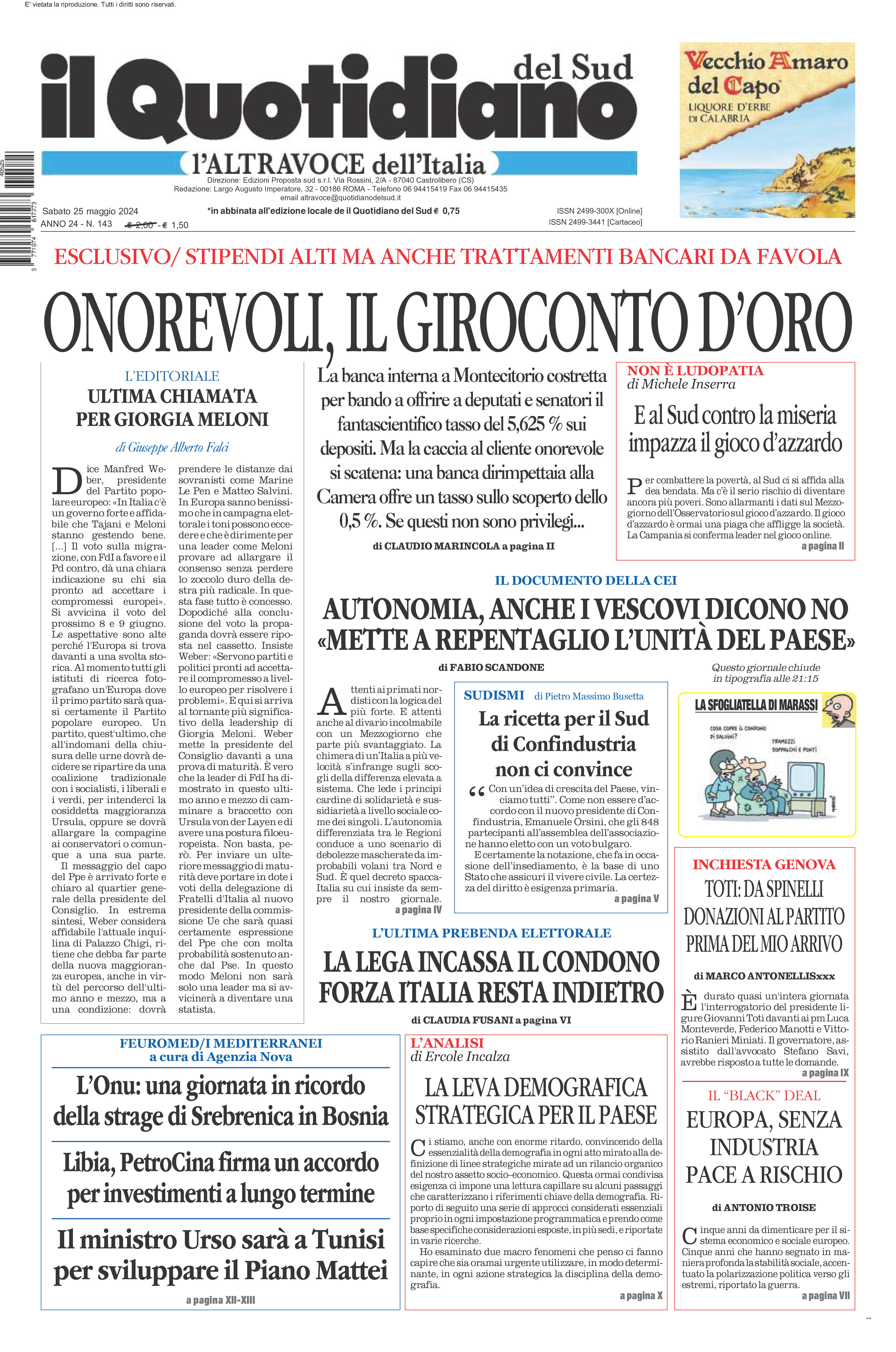 La prima pagina de l’ALTRAVOCE dell’ITALIA in edicola oggi