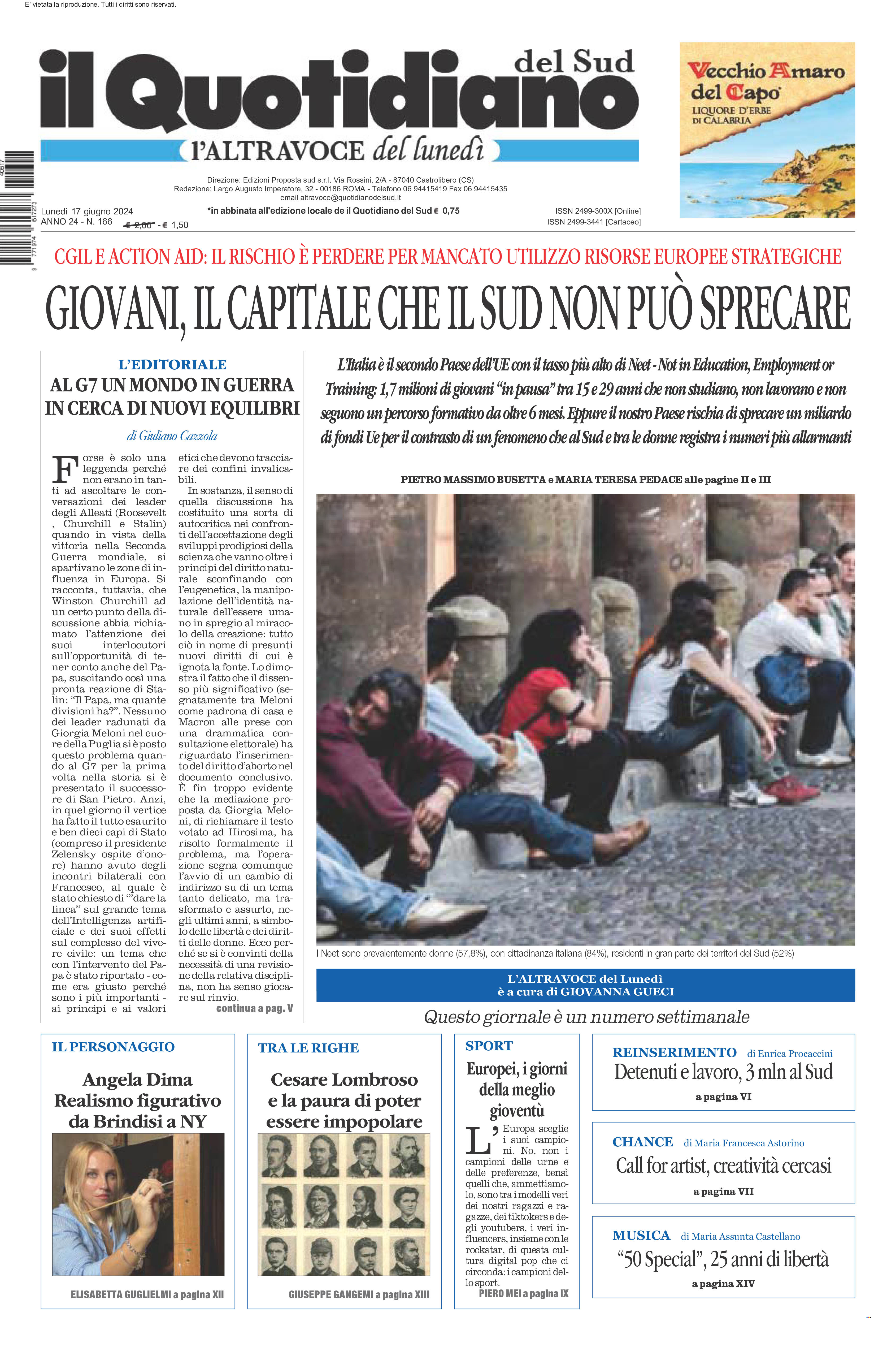 La prima pagina de l’ALTRAVOCE dell’ITALIA in edicola oggi