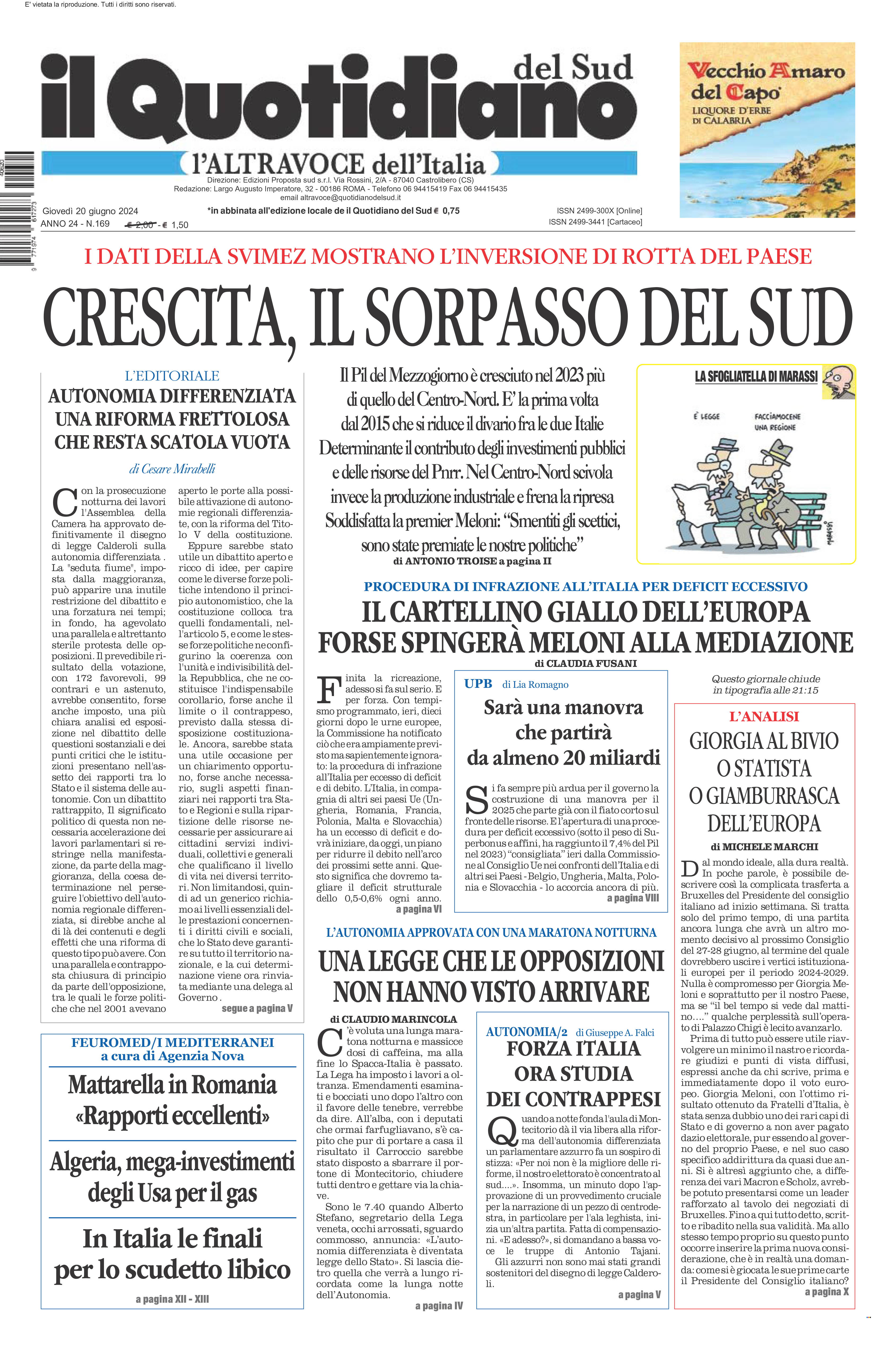 La prima pagina de l’ALTRAVOCE dell’ITALIA in edicola oggi