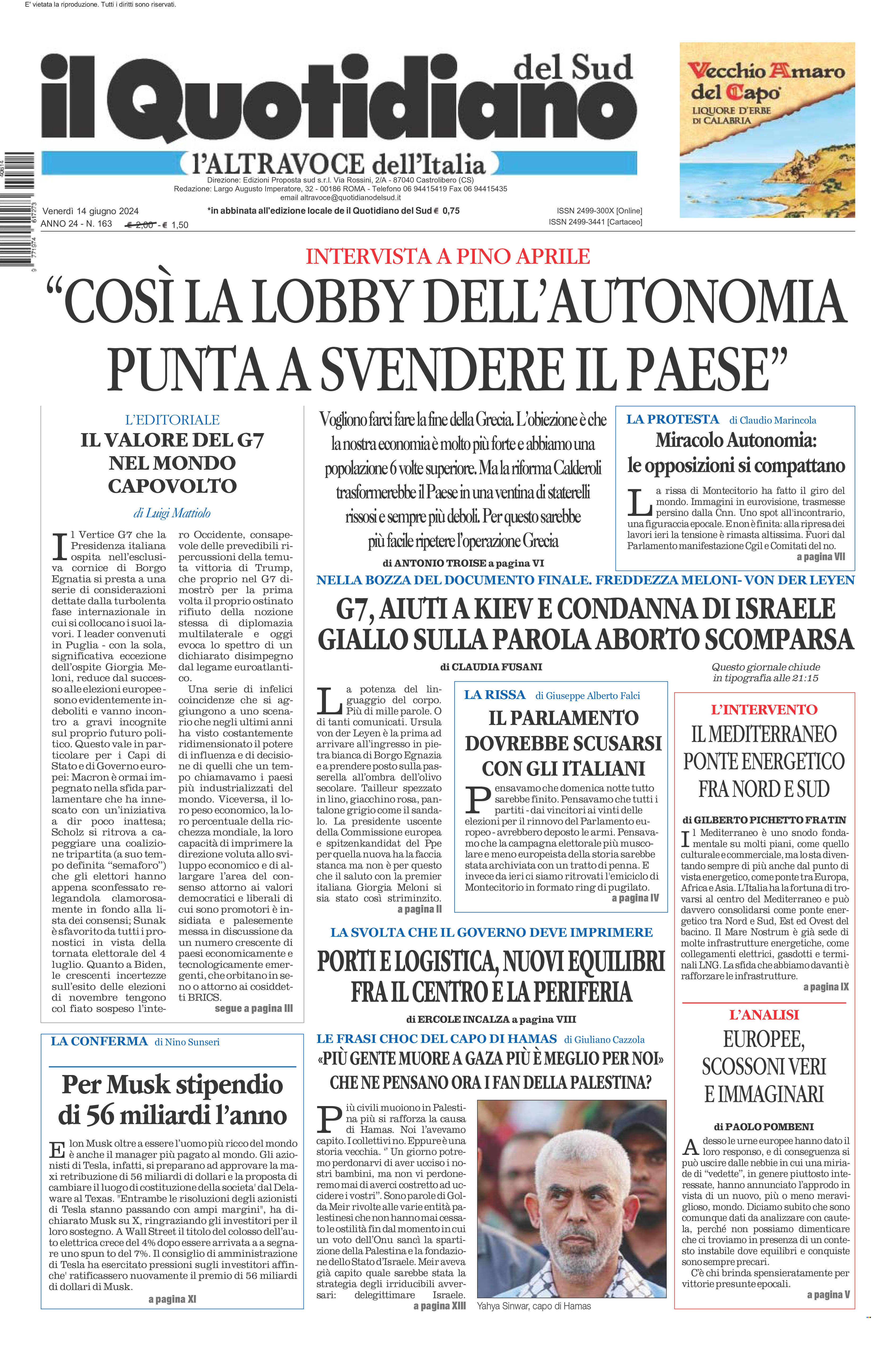 La prima pagina de l’ALTRAVOCE dell’ITALIA in edicola oggi