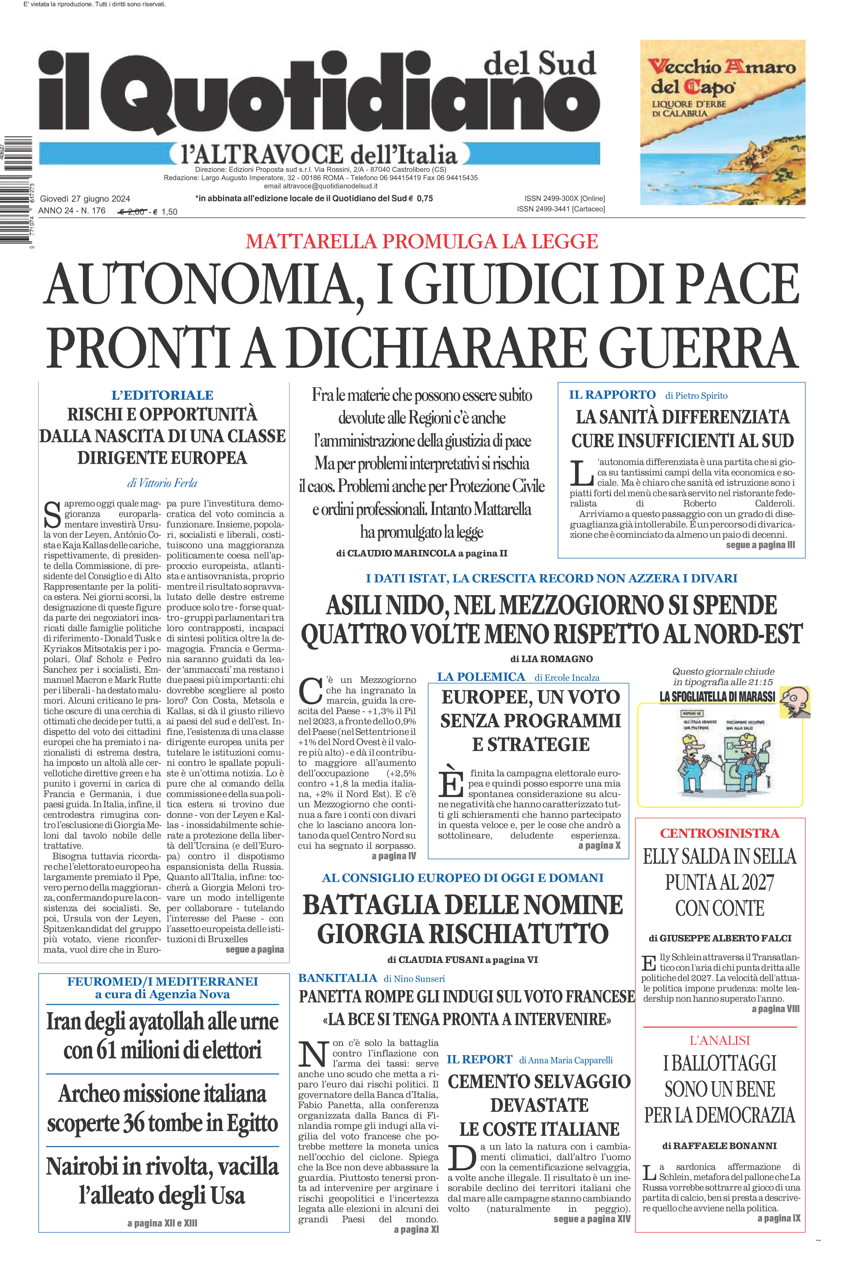 La prima pagina de l’ALTRAVOCE dell’ITALIA in edicola oggi