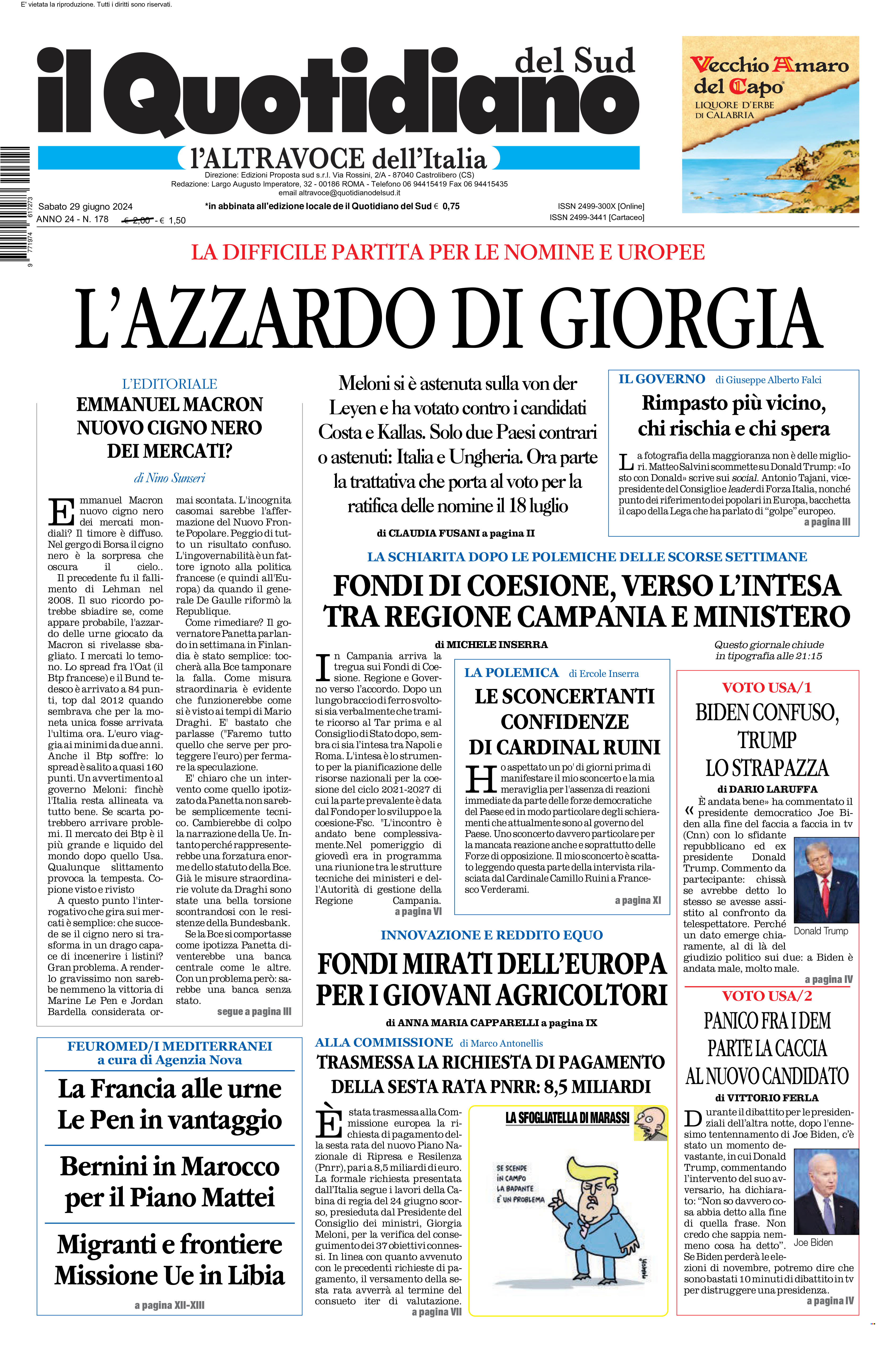 La prima pagina de l’ALTRAVOCE dell’ITALIA in edicola oggi