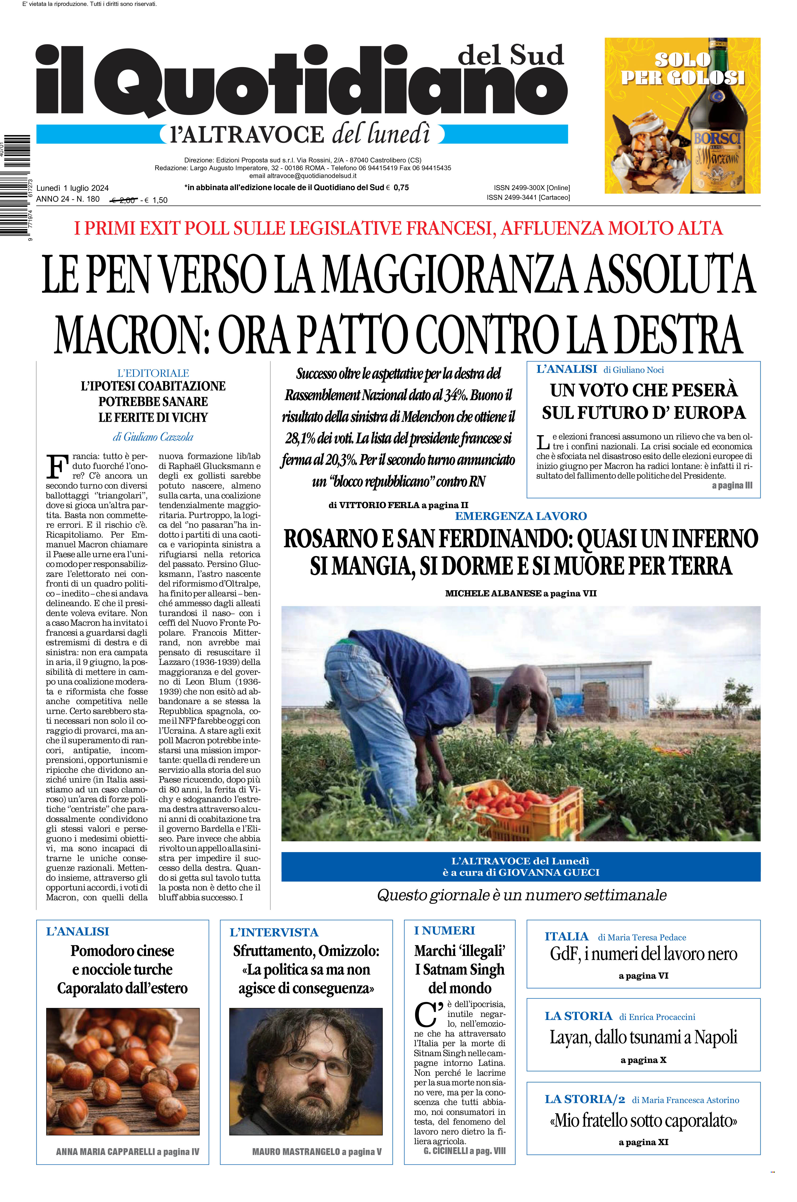 La prima pagina de l’ALTRAVOCE dell’ITALIA in edicola oggi