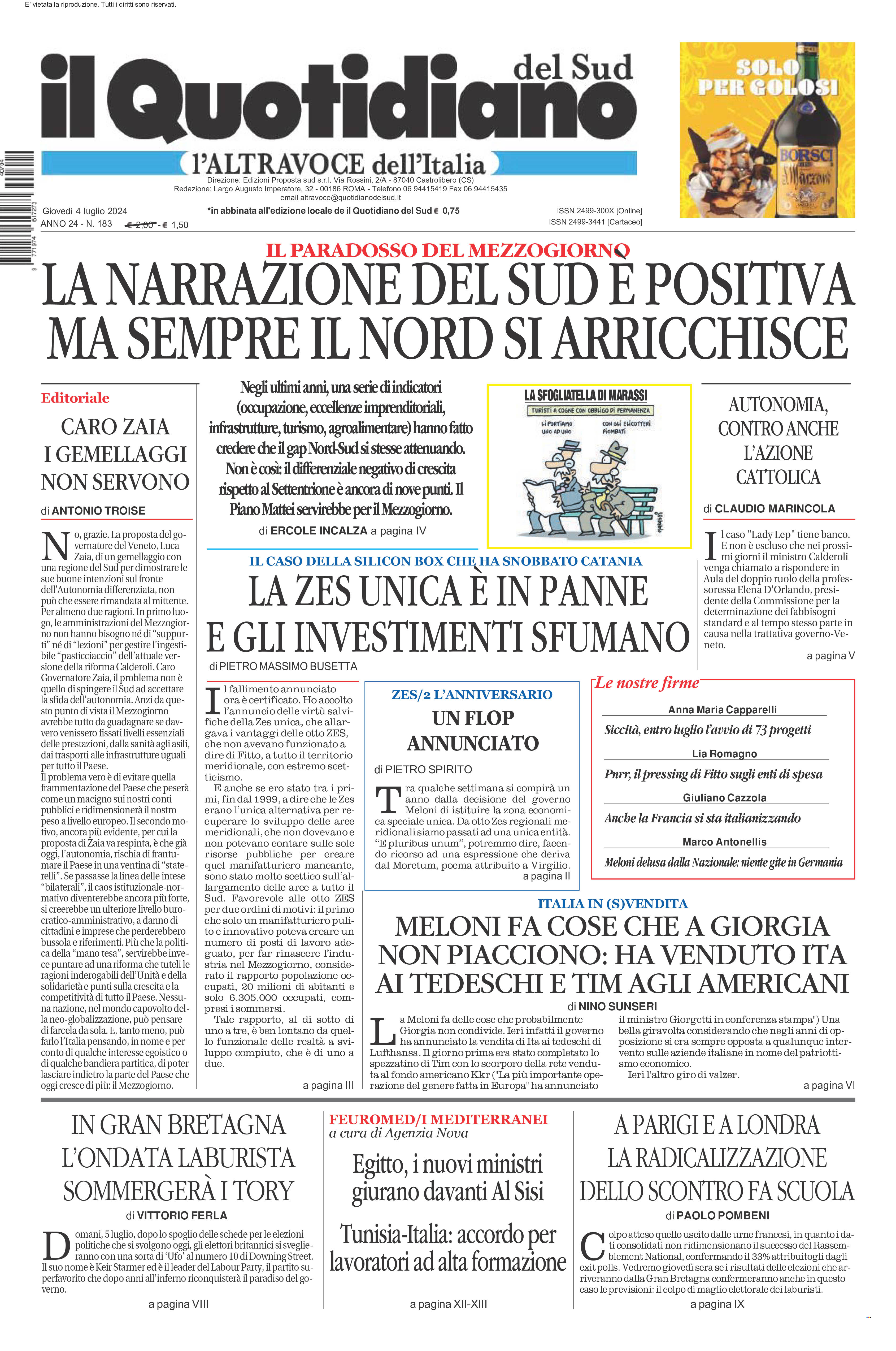 La prima pagina de l’ALTRAVOCE dell’ITALIA in edicola oggi