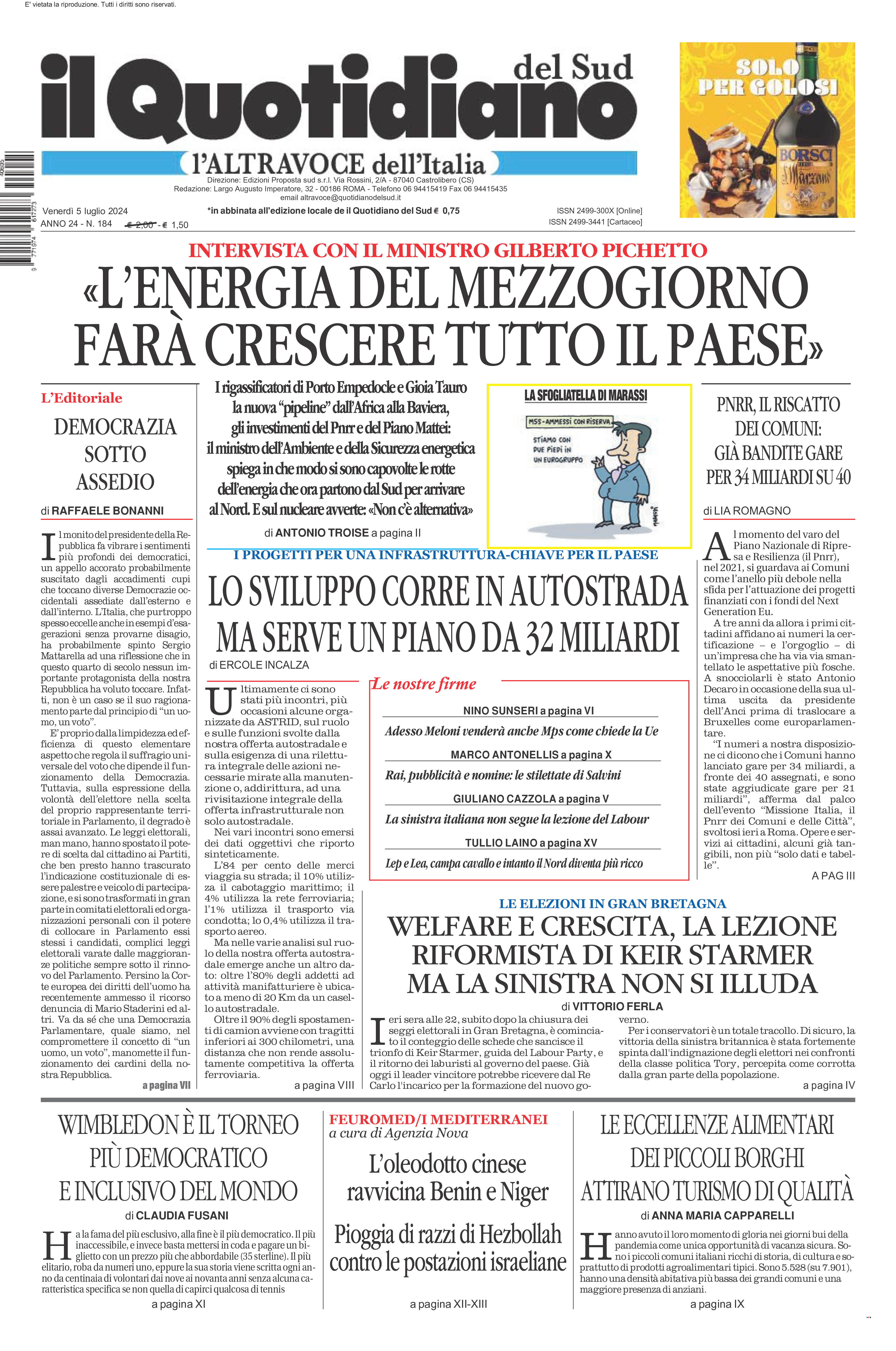 La prima pagina de l’ALTRAVOCE dell’ITALIA in edicola oggi