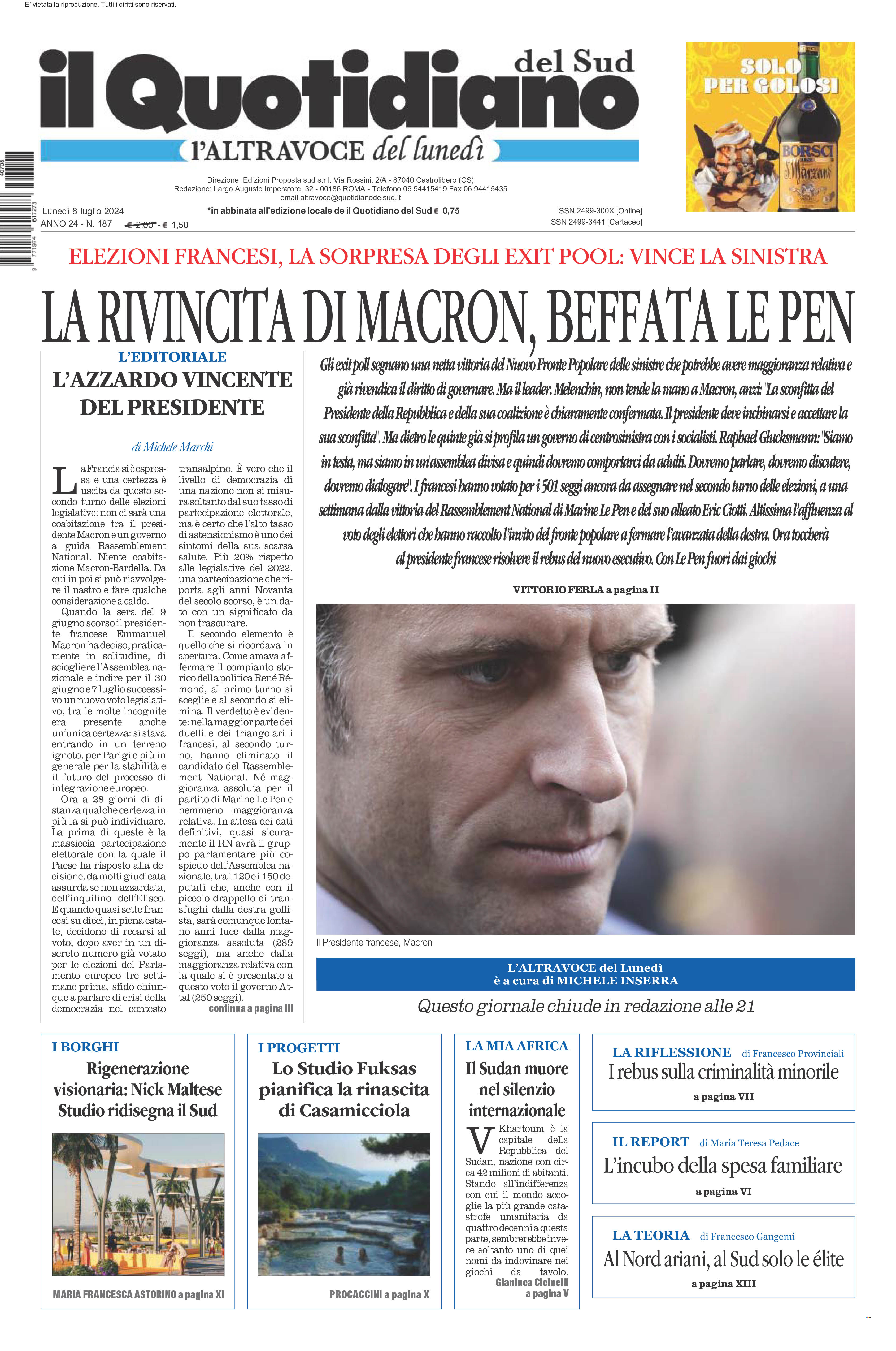 La prima pagina de l’ALTRAVOCE dell’ITALIA in edicola oggi
