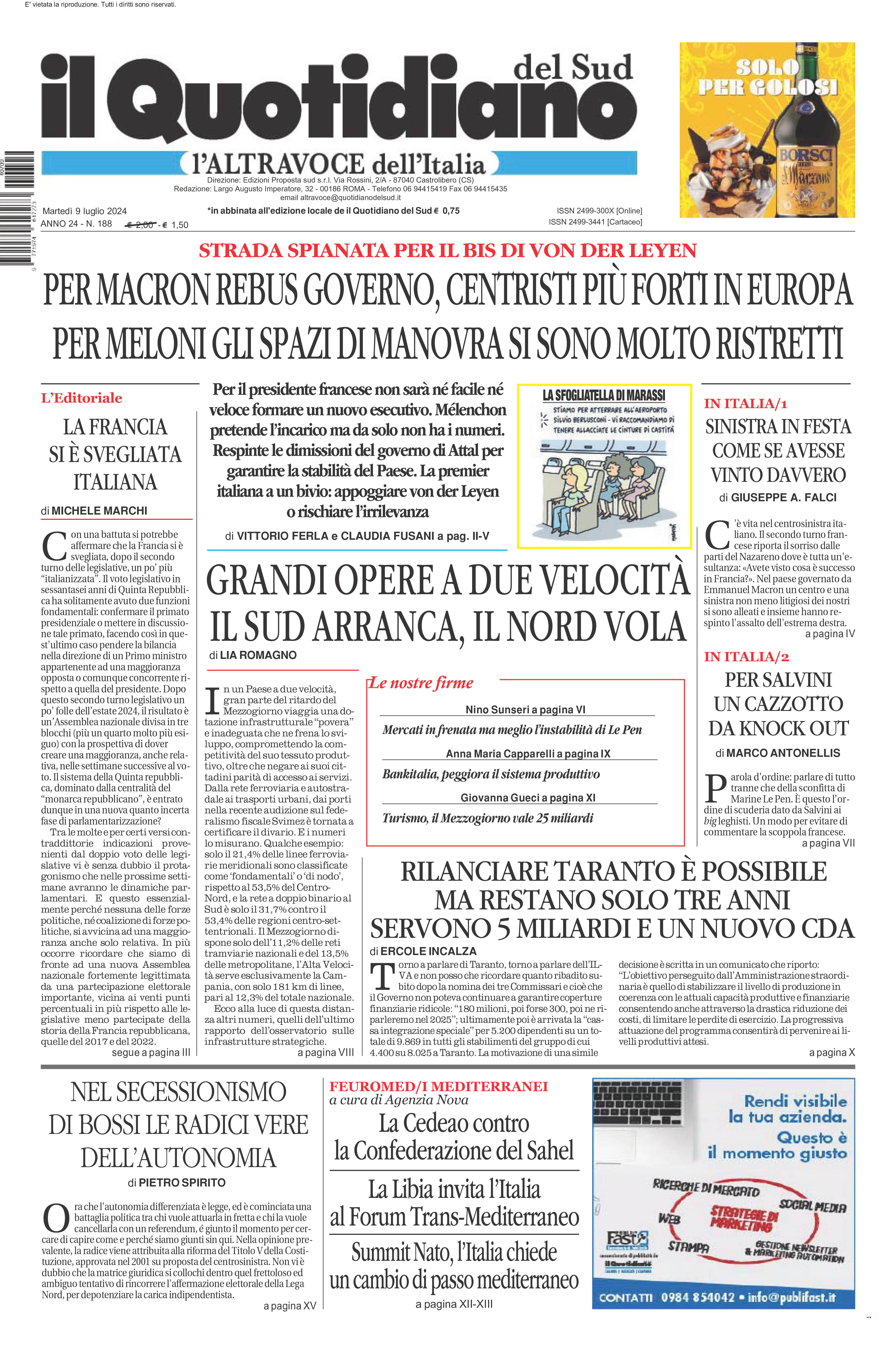La prima pagina de l’ALTRAVOCE dell’ITALIA in edicola oggi