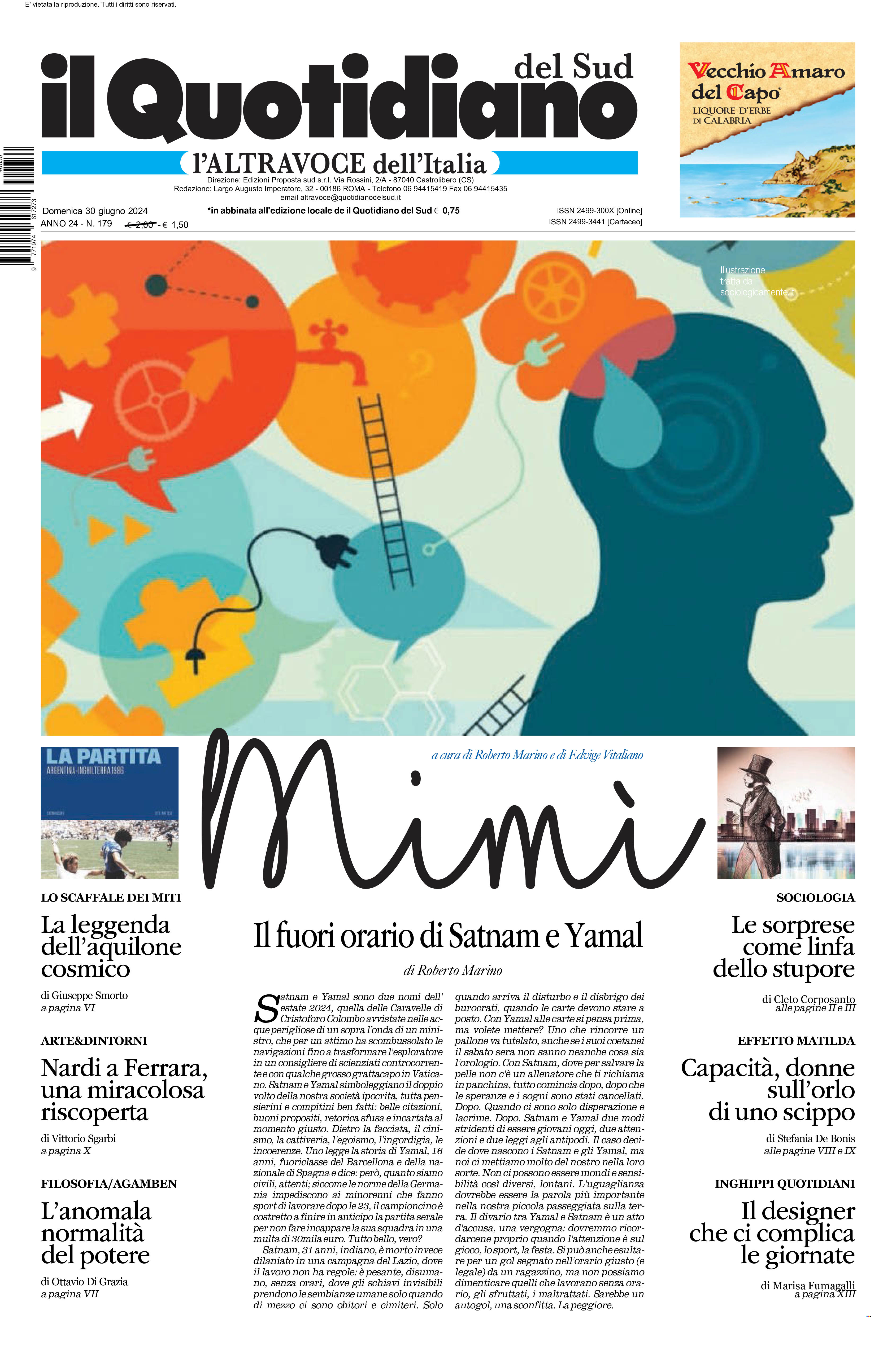 La prima pagina de l’ALTRAVOCE dell’ITALIA in edicola oggi