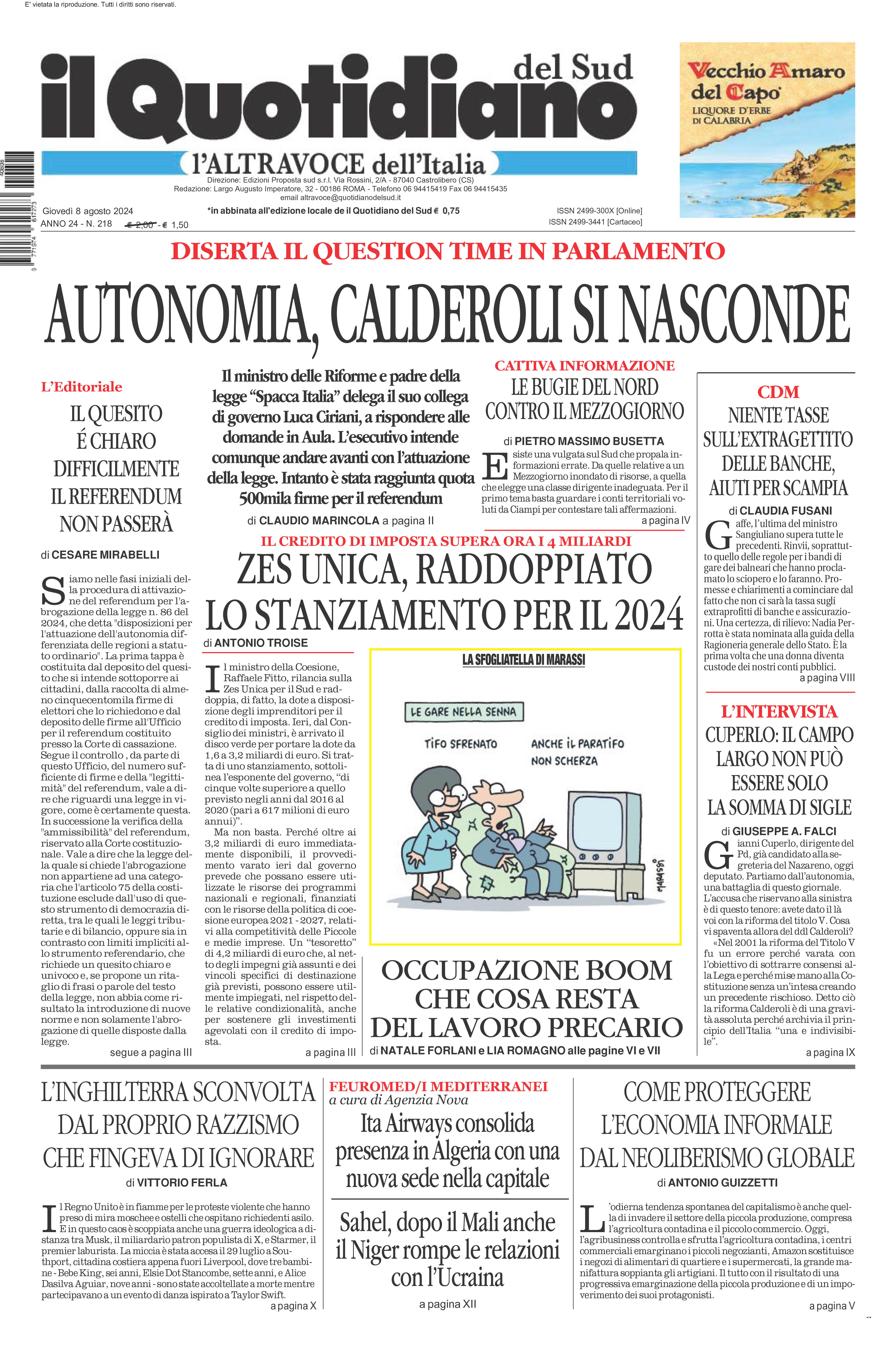 La prima pagina de l’ALTRAVOCE dell’ITALIA in edicola oggi