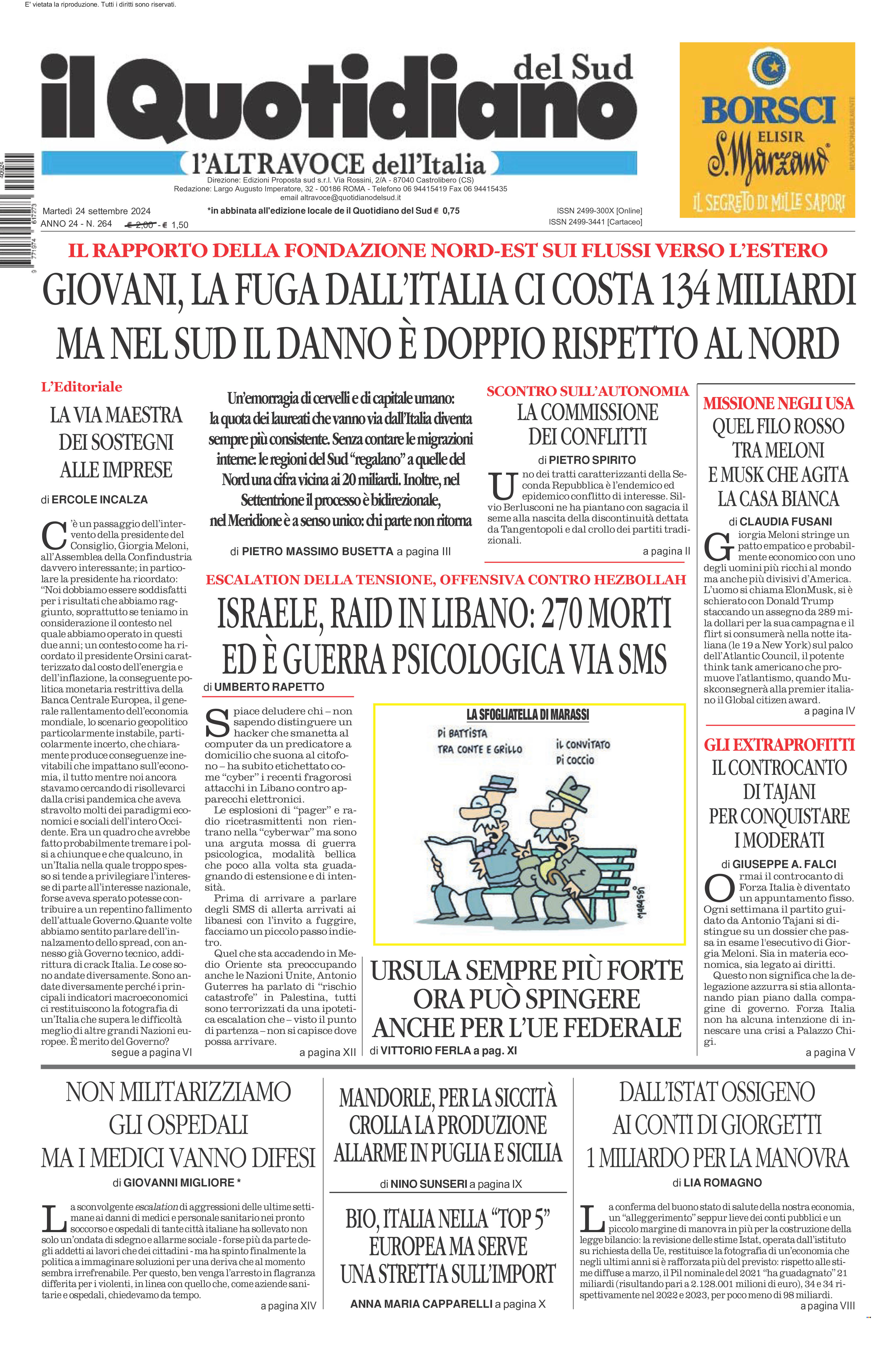 La prima pagina de l’ALTRAVOCE dell’ITALIA in edicola oggi