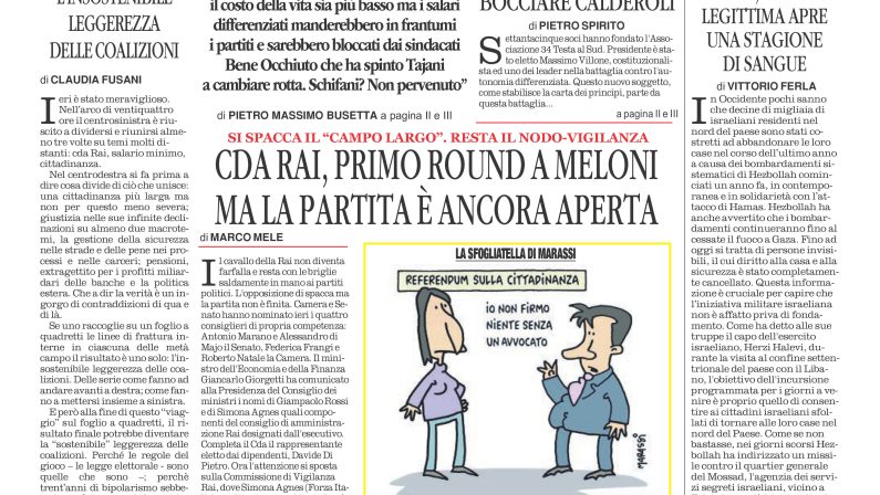 La prima pagina de l’ALTRAVOCE dell’ITALIA in edicola oggi