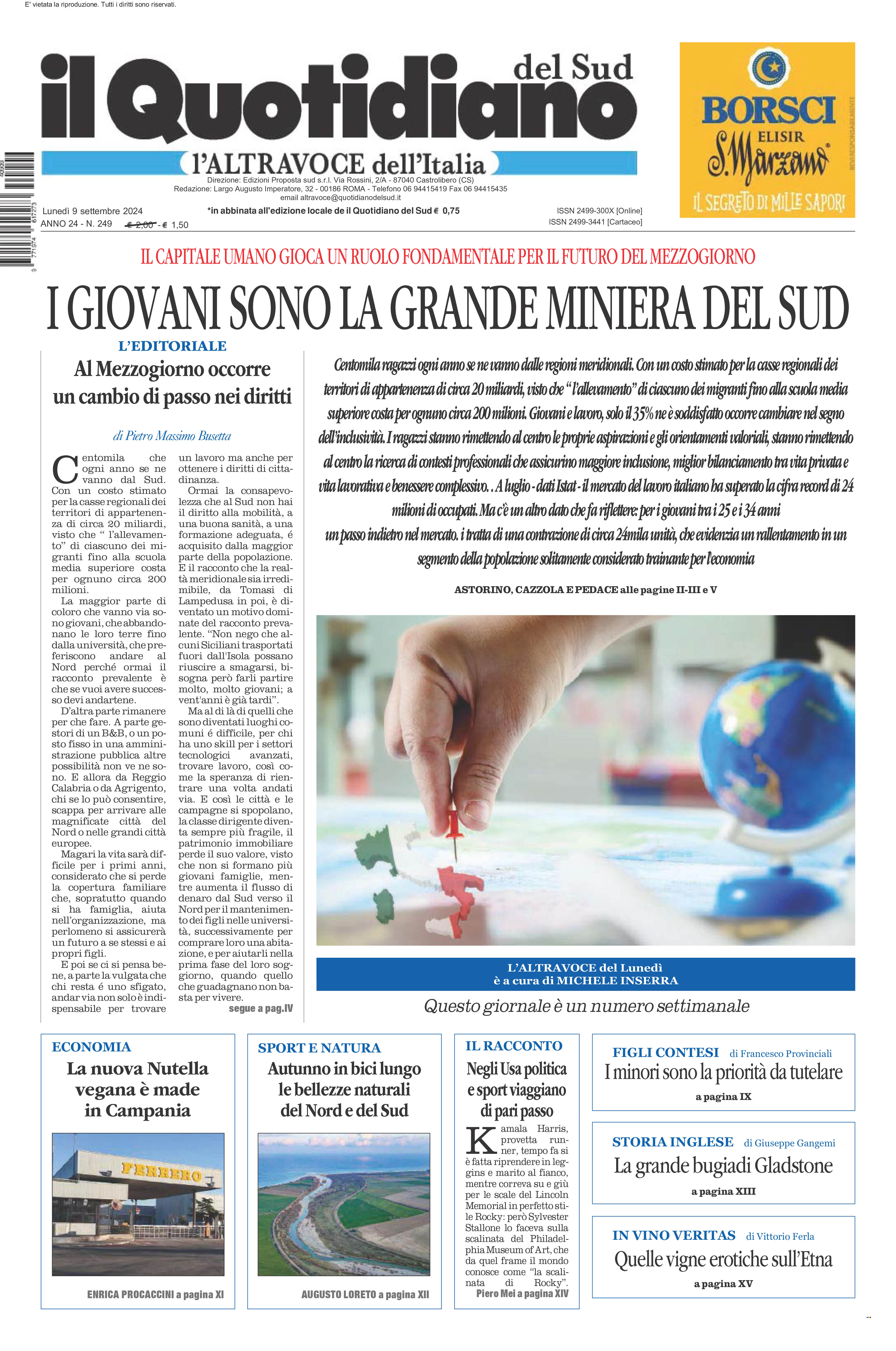 La prima pagina de l’ALTRAVOCE dell’ITALIA in edicola oggi