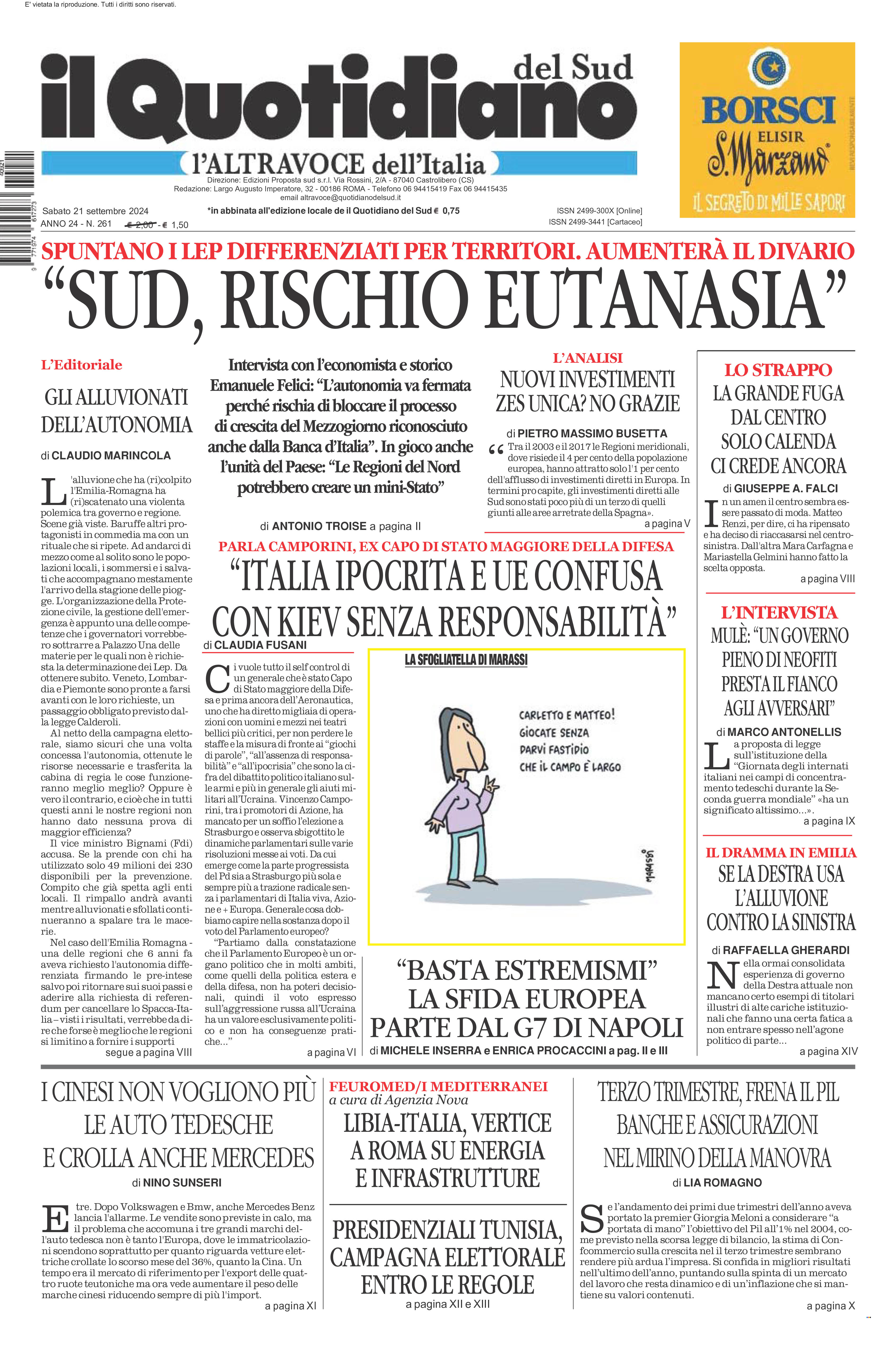 La prima pagina de l’ALTRAVOCE dell’ITALIA in edicola oggi