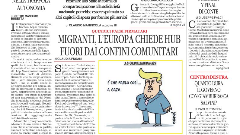 La prima pagina de l’ALTRAVOCE dell’ITALIA in edicola oggi