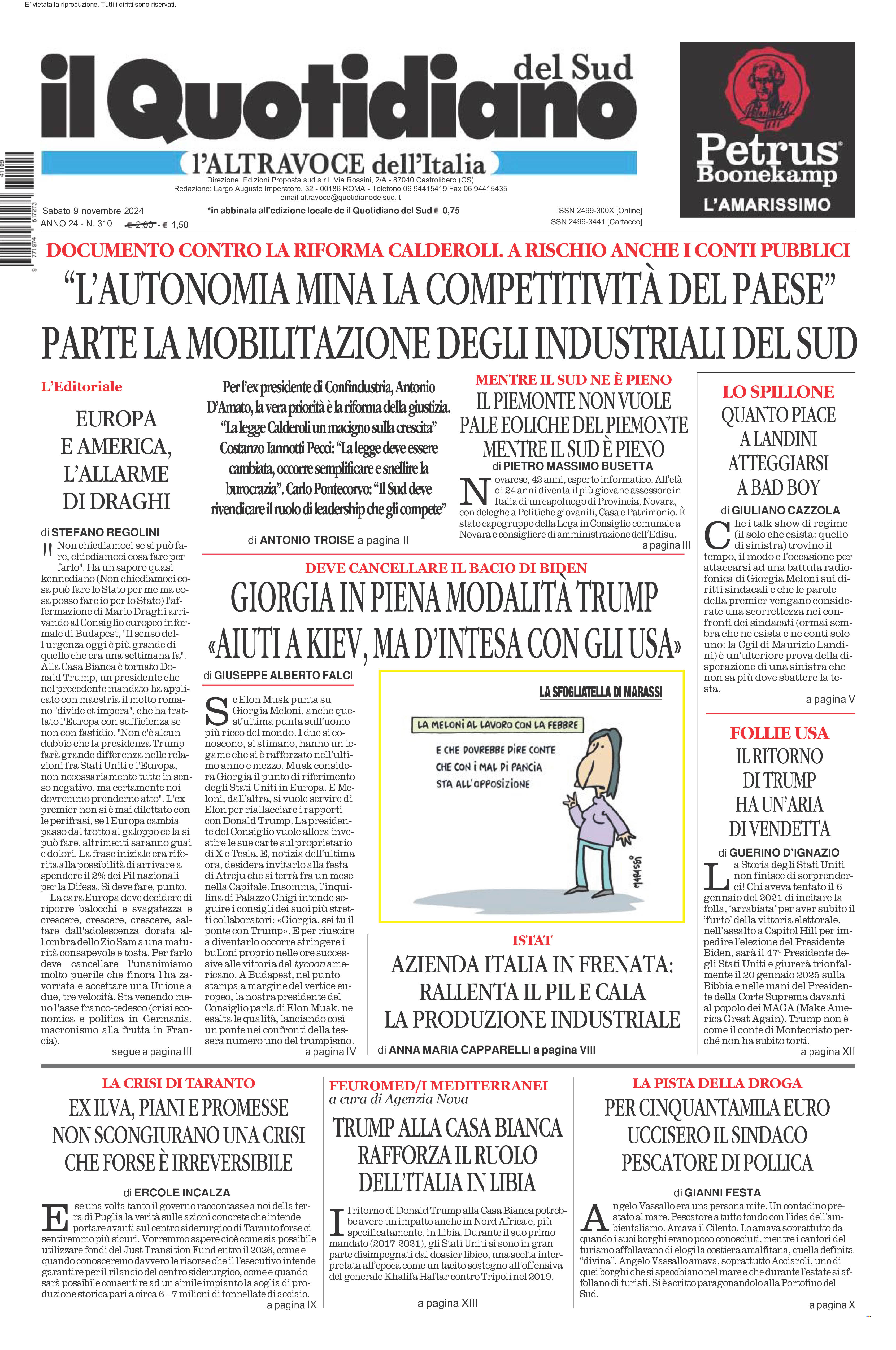 La prima pagina de l’ALTRAVOCE dell’ITALIA in edicola oggi