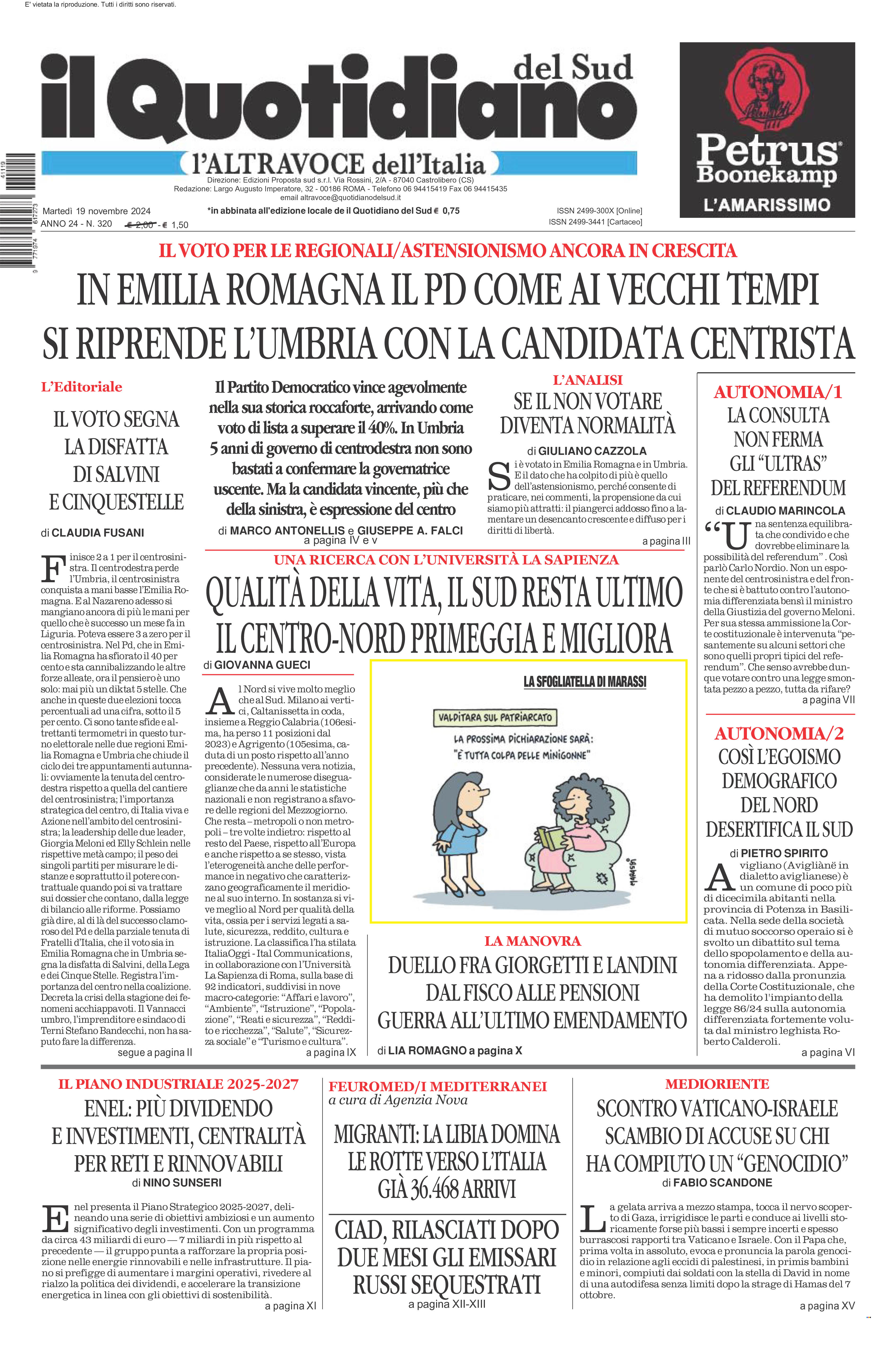 La prima pagina de l’ALTRAVOCE dell’ITALIA in edicola oggi