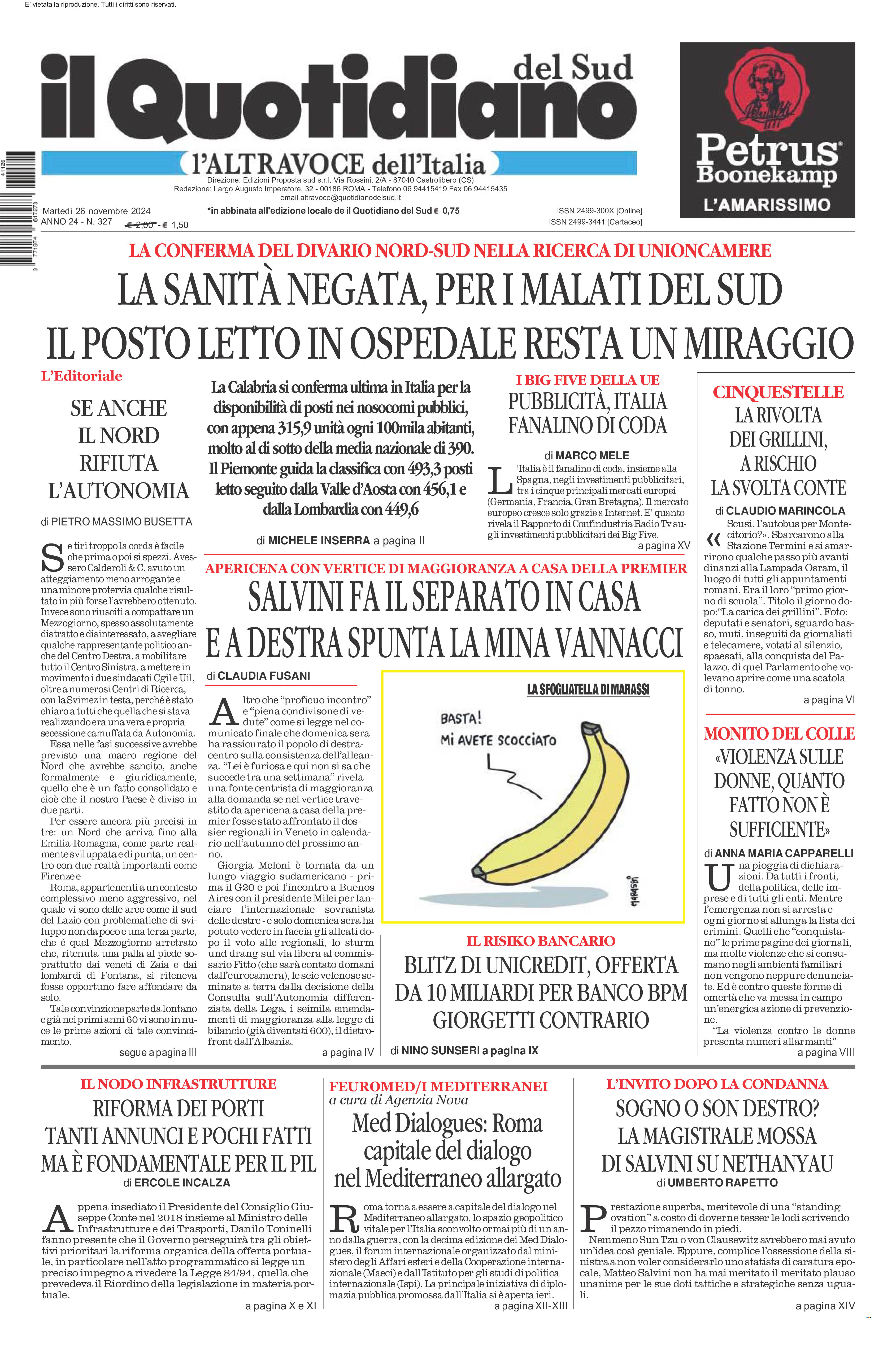 La prima pagina de l’ALTRAVOCE dell’ITALIA in edicola oggi