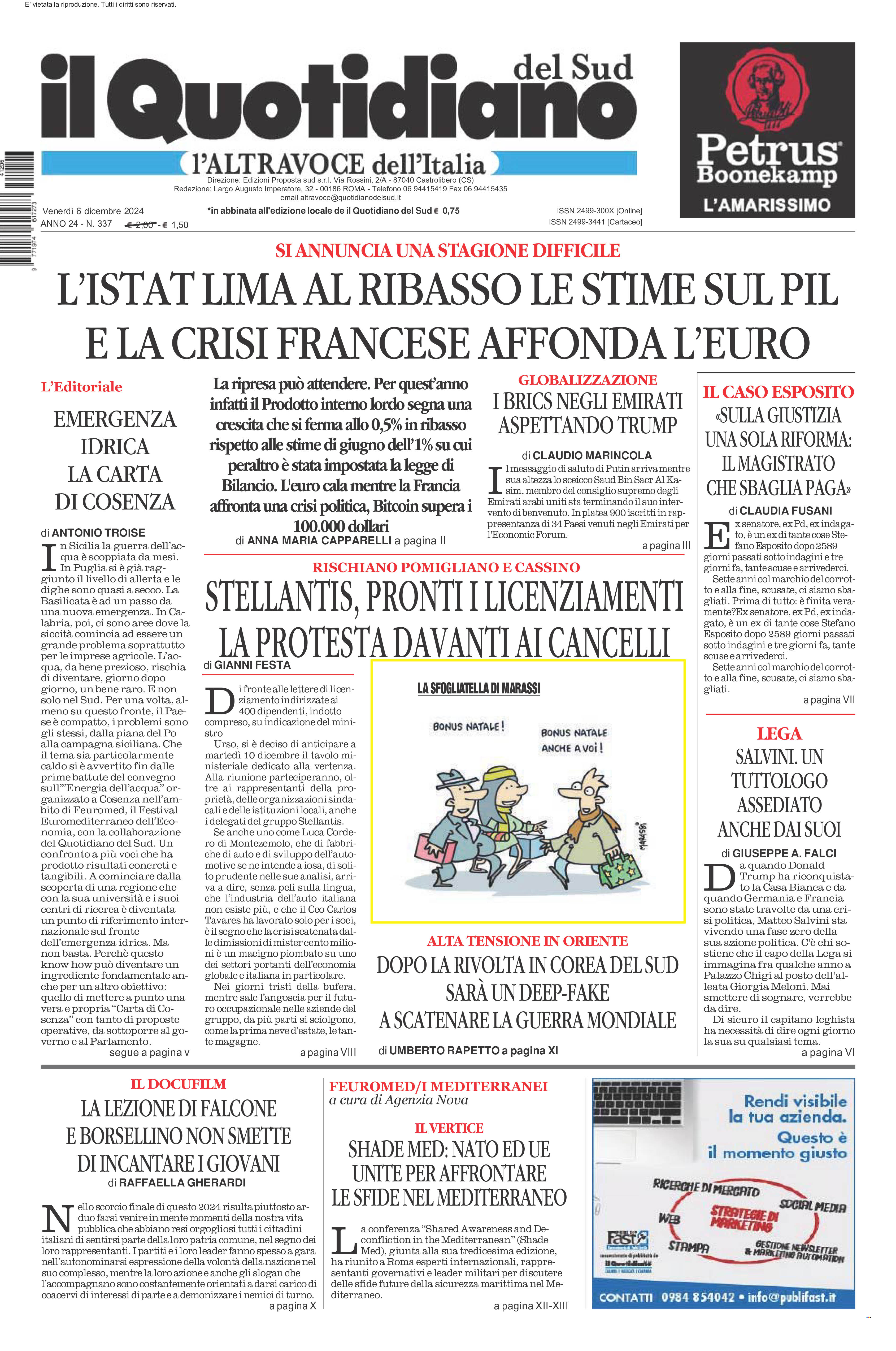 La prima pagina de l’ALTRAVOCE dell’ITALIA in edicola oggi