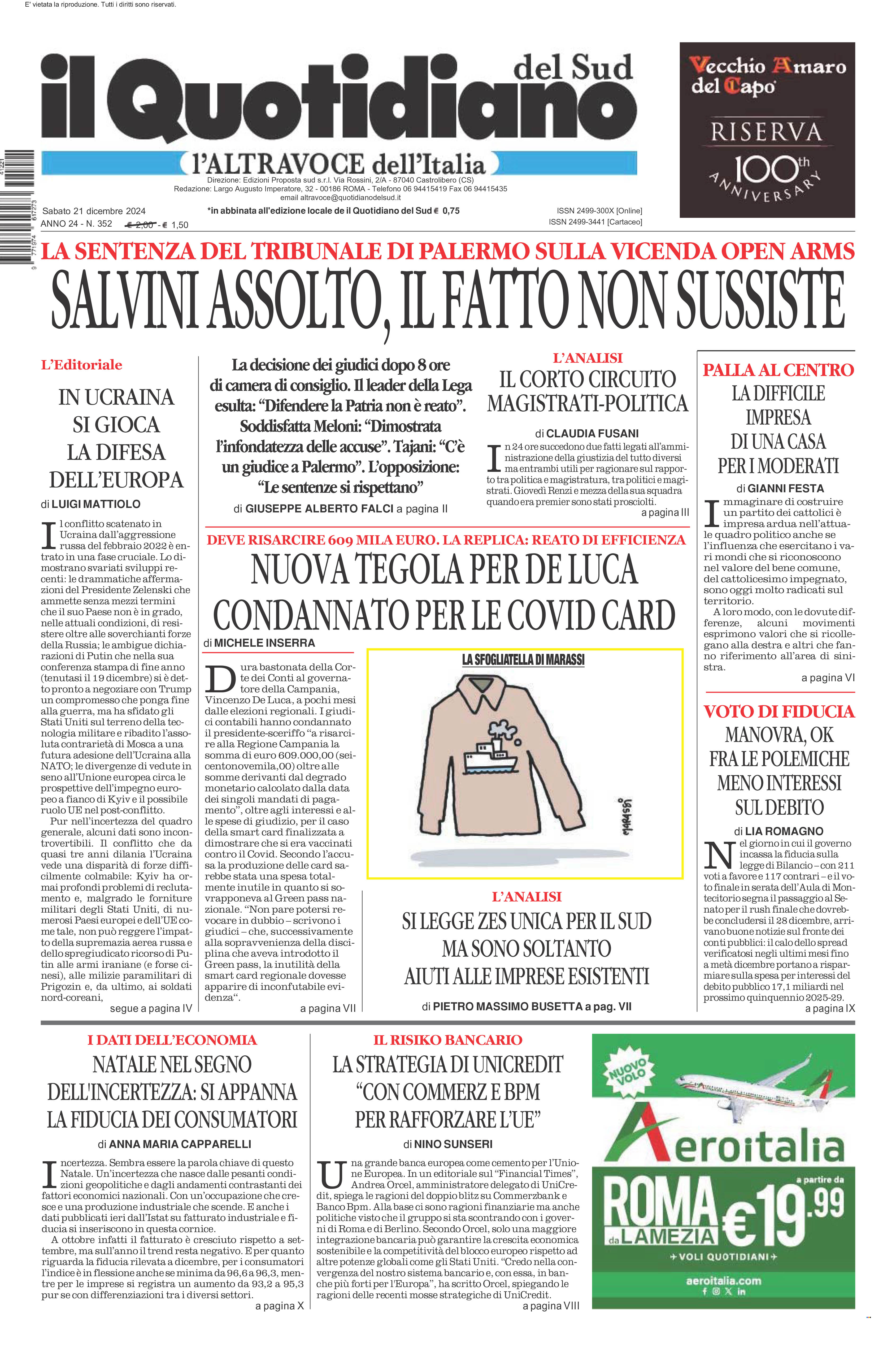 La prima pagina de l’ALTRAVOCE dell’ITALIA in edicola oggi