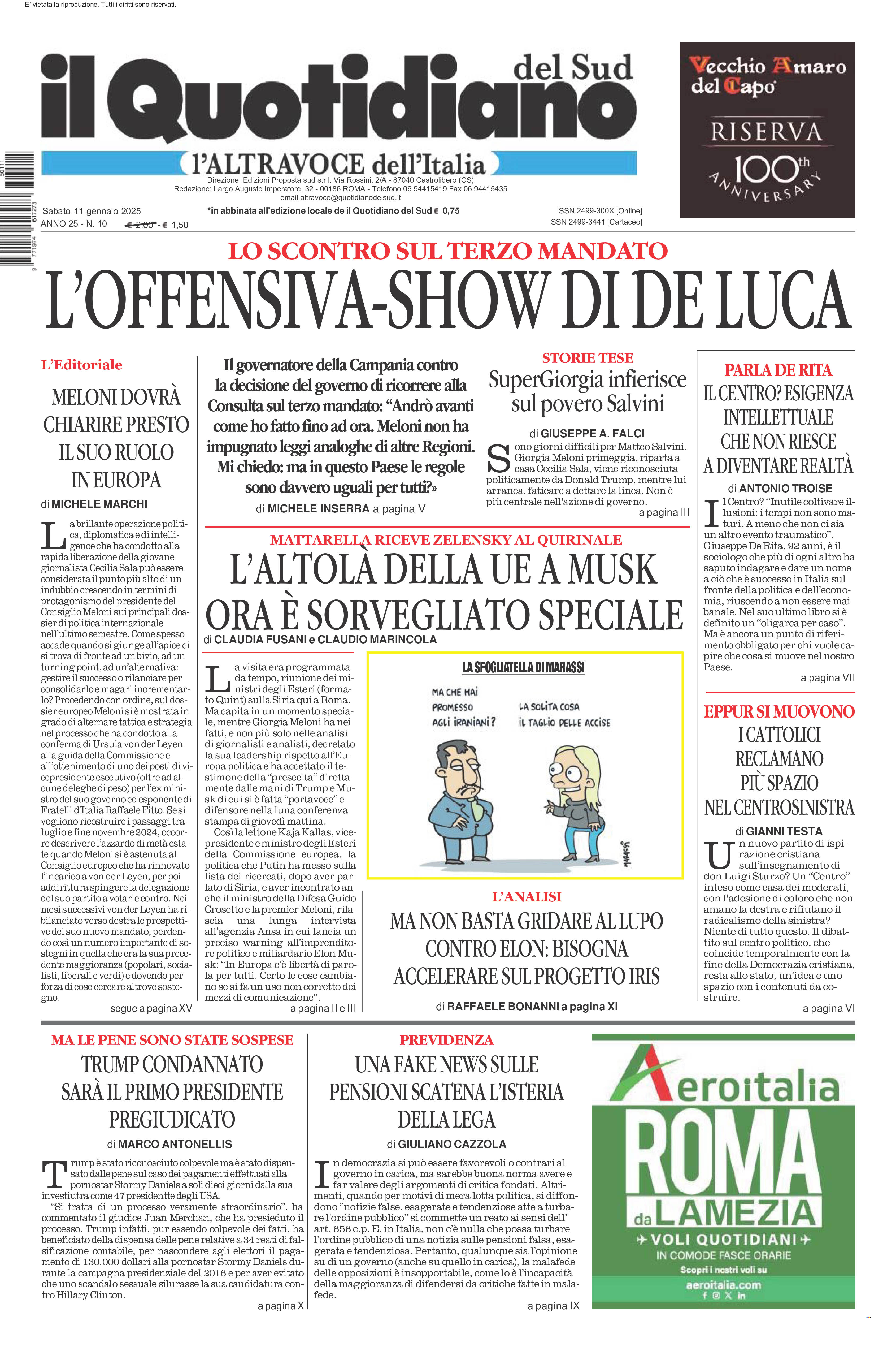 La prima pagina de l’ALTRAVOCE dell’ITALIA in edicola oggi