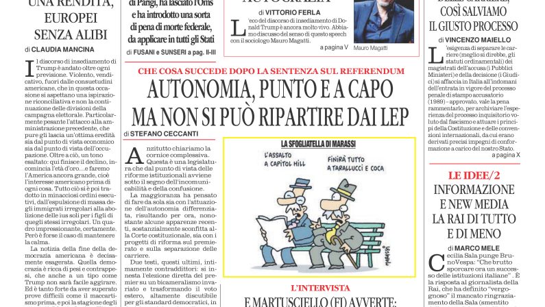 La prima pagina de l’ALTRAVOCE dell’ITALIA in edicola oggi
