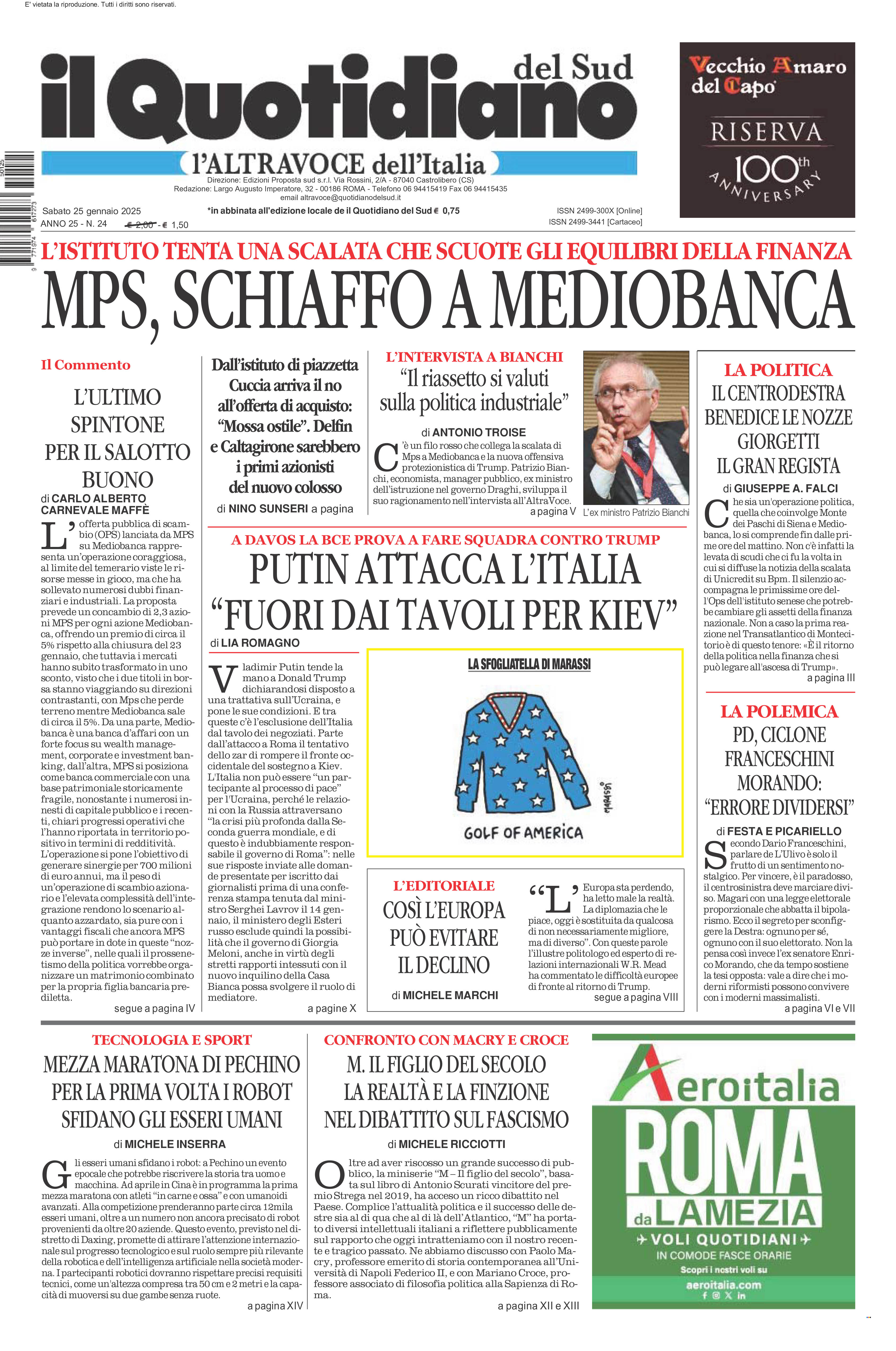 La prima pagina de l’ALTRAVOCE dell’ITALIA in edicola oggi