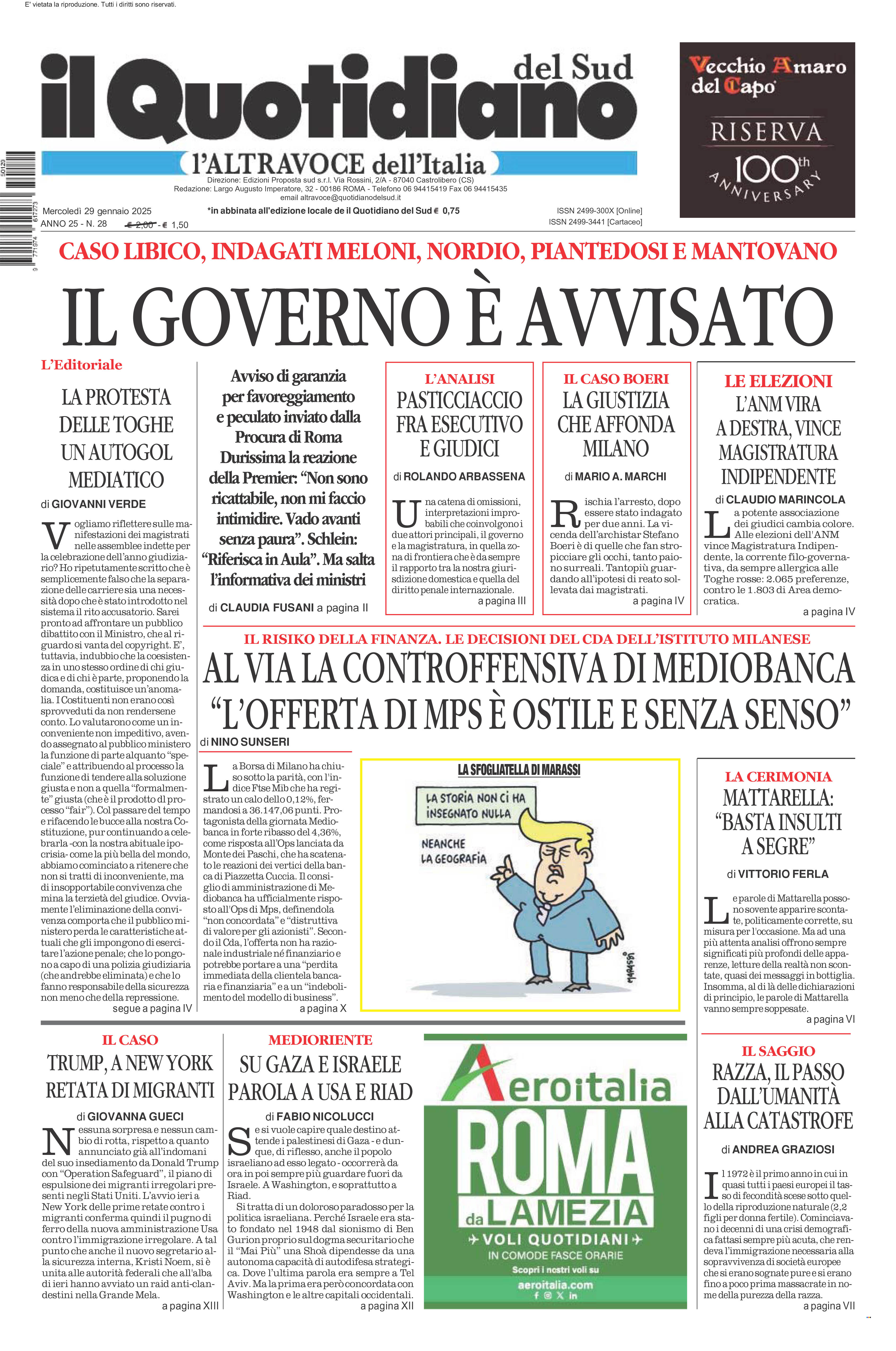 La prima pagina de l’ALTRAVOCE dell’ITALIA in edicola oggi