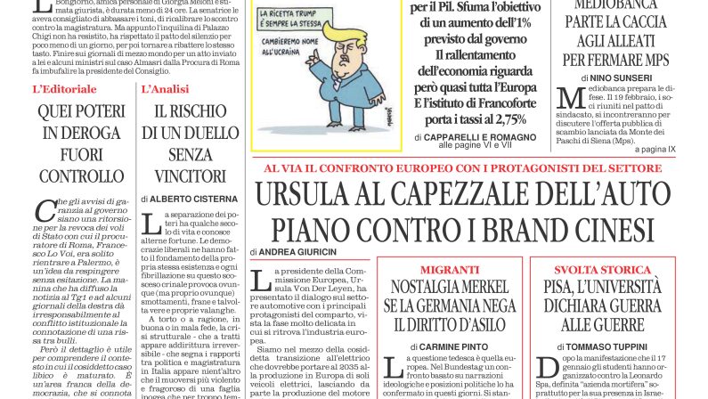 La prima pagina de l’ALTRAVOCE dell’ITALIA in edicola oggi