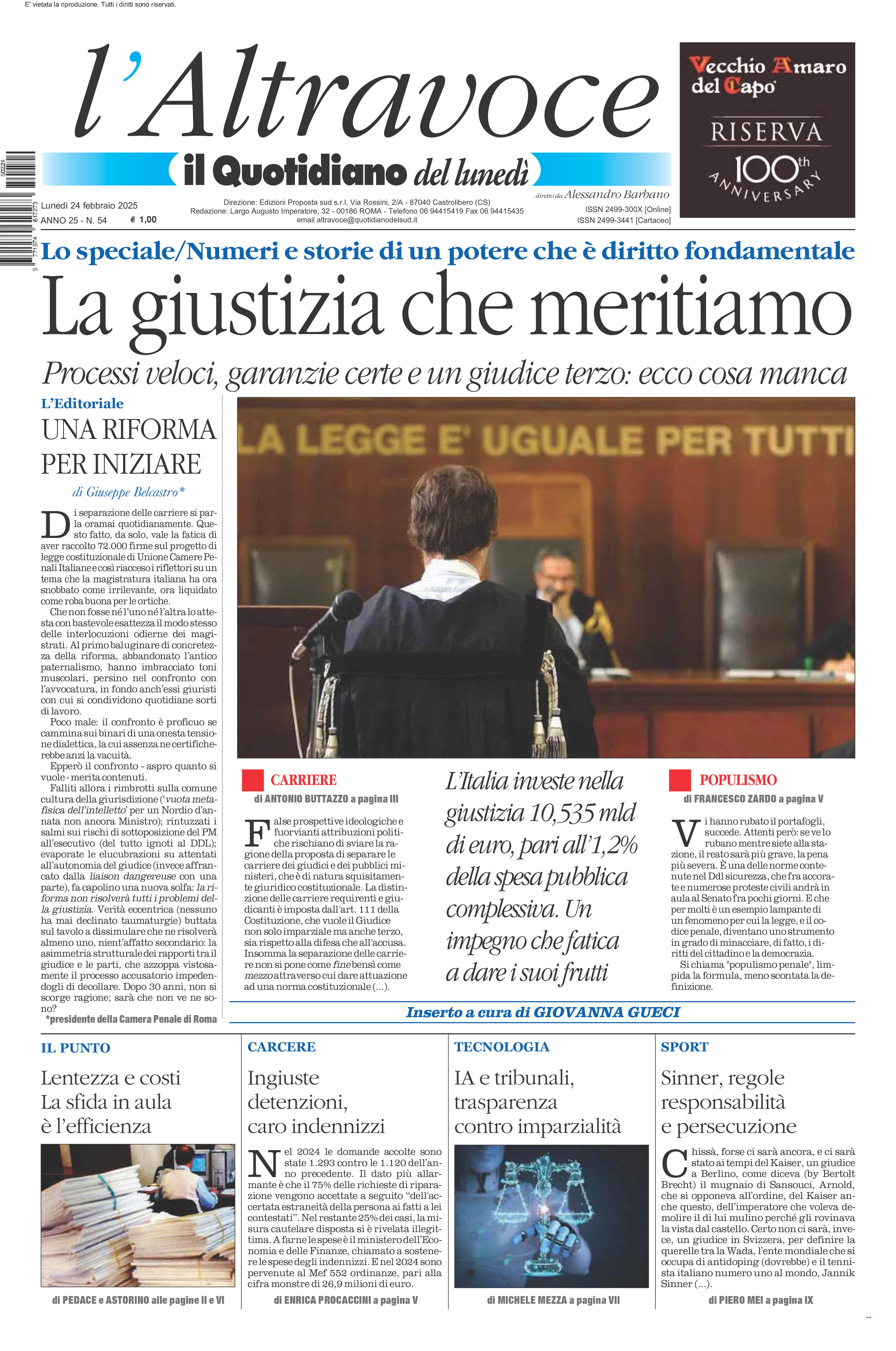 La prima pagina de l’ALTRAVOCE dell’ITALIA in edicola oggi