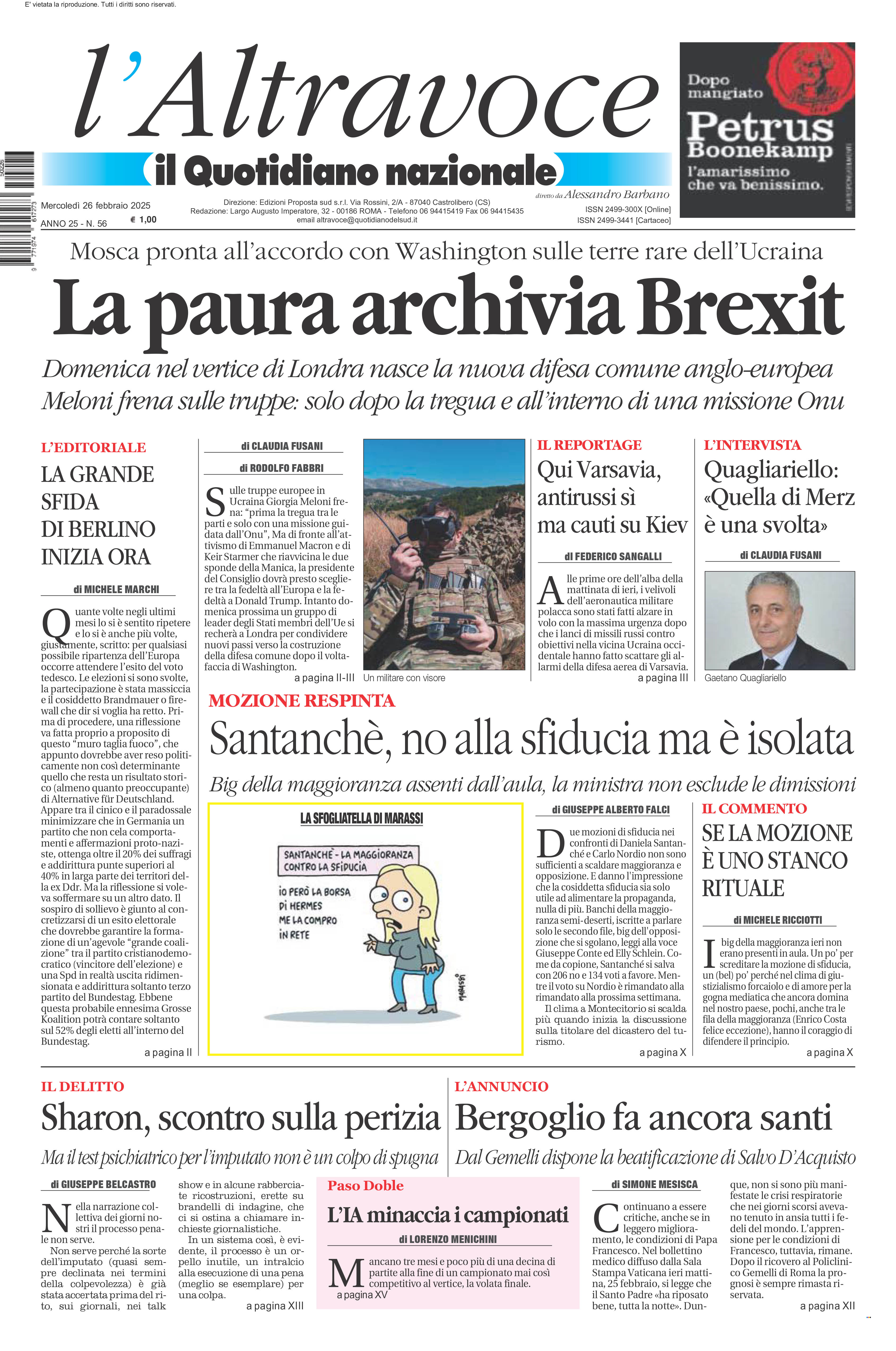 La prima pagina de l’ALTRAVOCE dell’ITALIA in edicola oggi