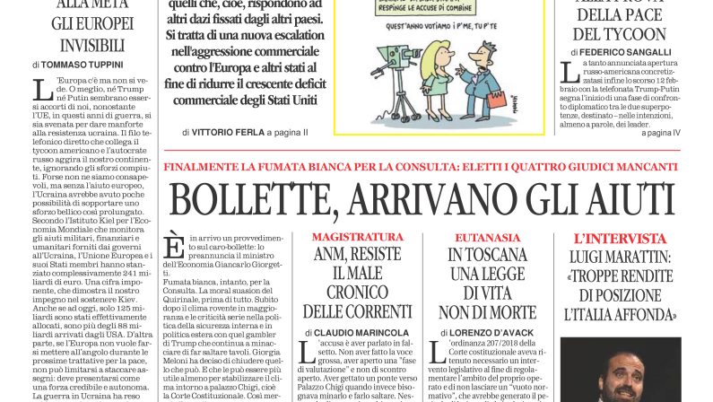 La prima pagina de l’ALTRAVOCE dell’ITALIA in edicola oggi