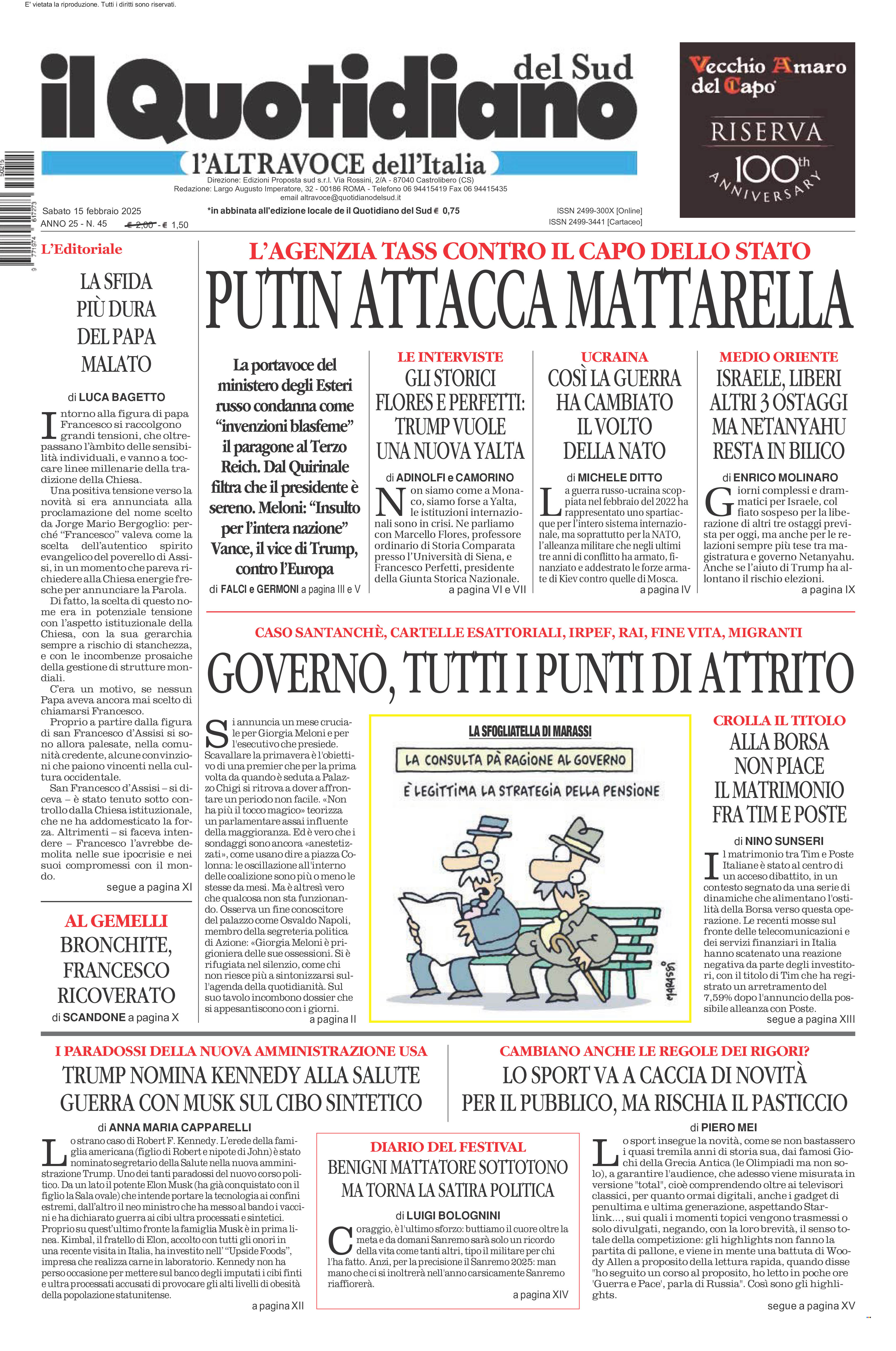 La prima pagina de l’ALTRAVOCE dell’ITALIA in edicola oggi