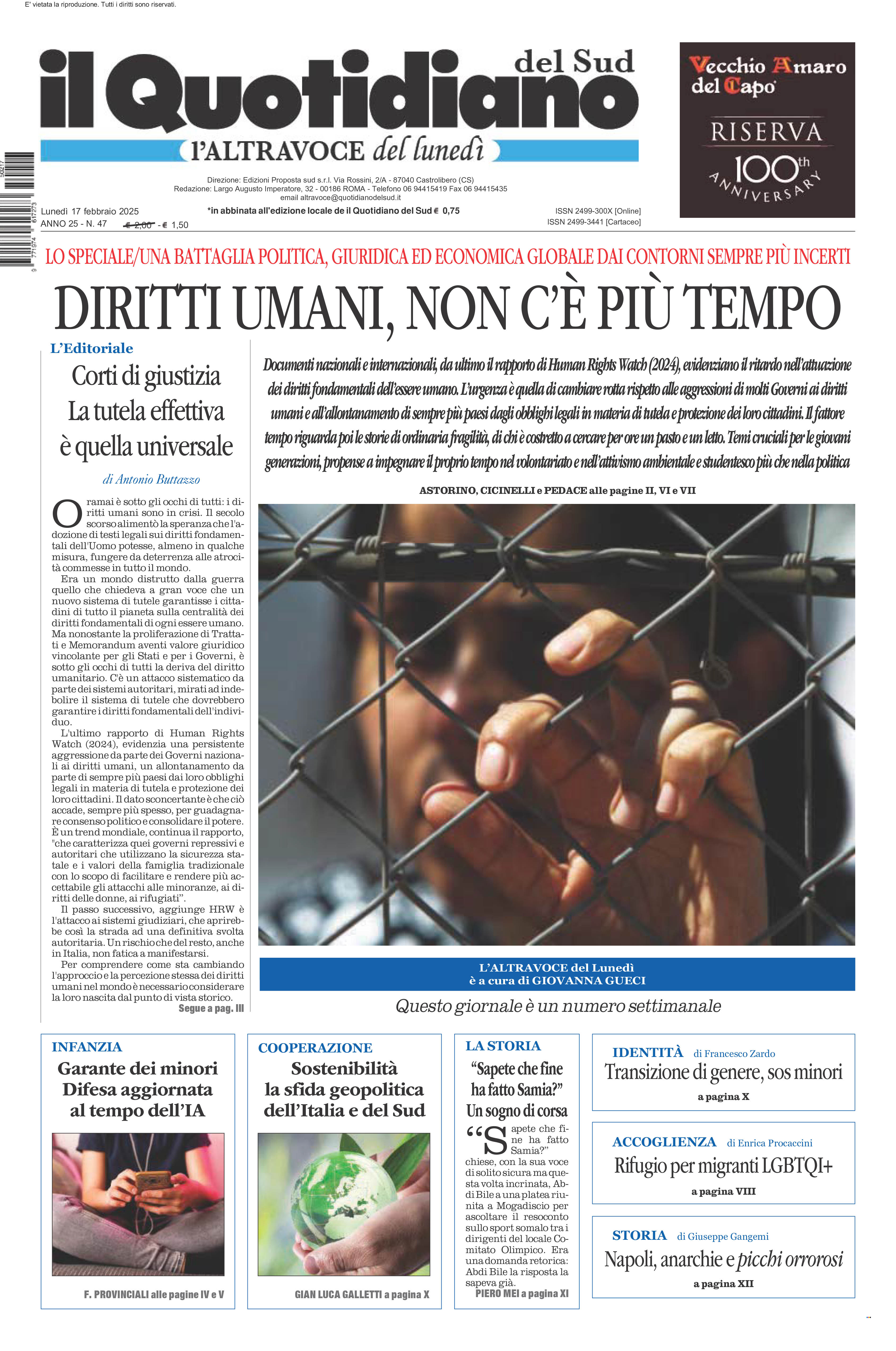 La prima pagina de l’ALTRAVOCE dell’ITALIA in edicola oggi