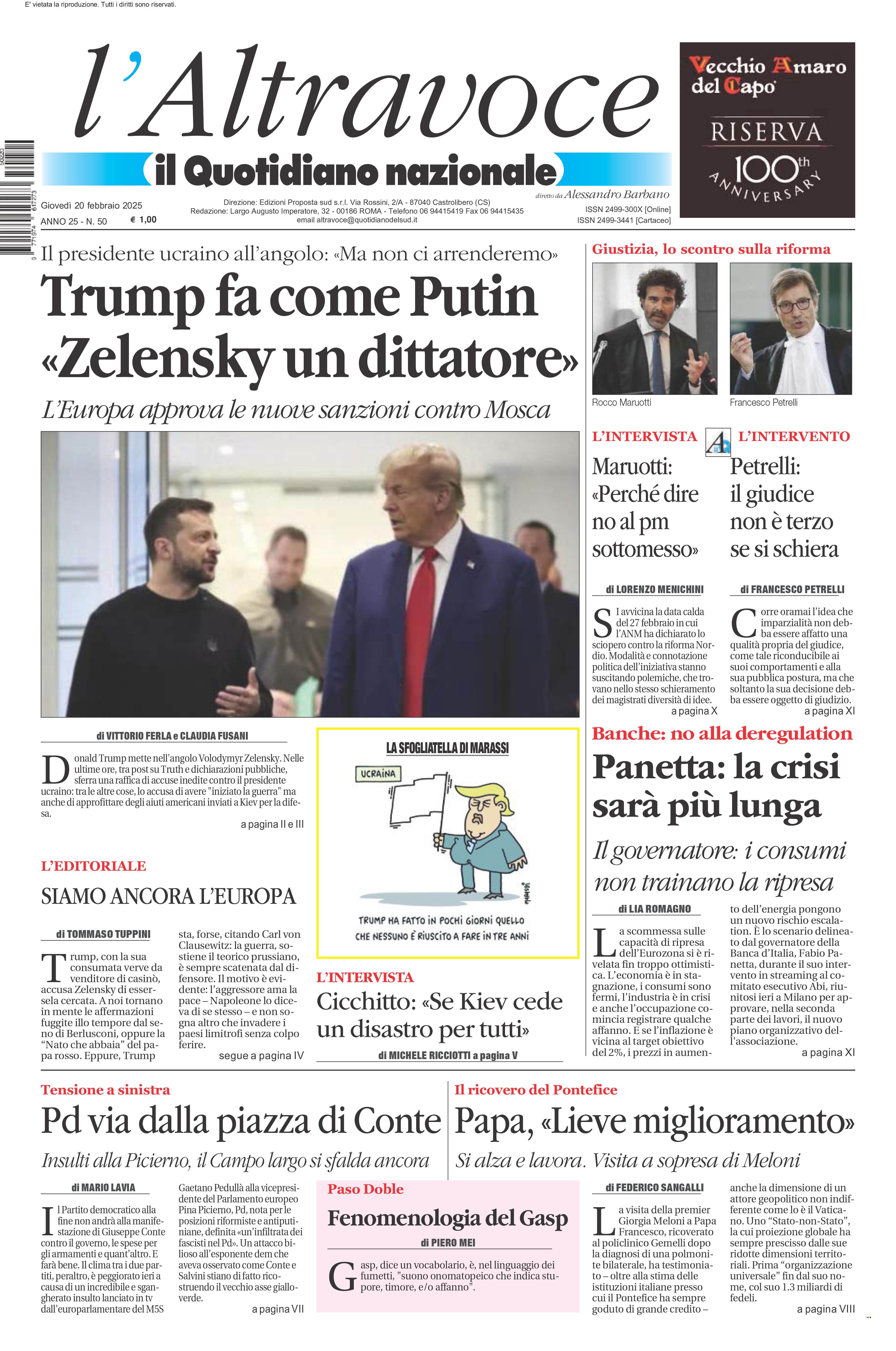 La prima pagina de l’ALTRAVOCE dell’ITALIA in edicola oggi
