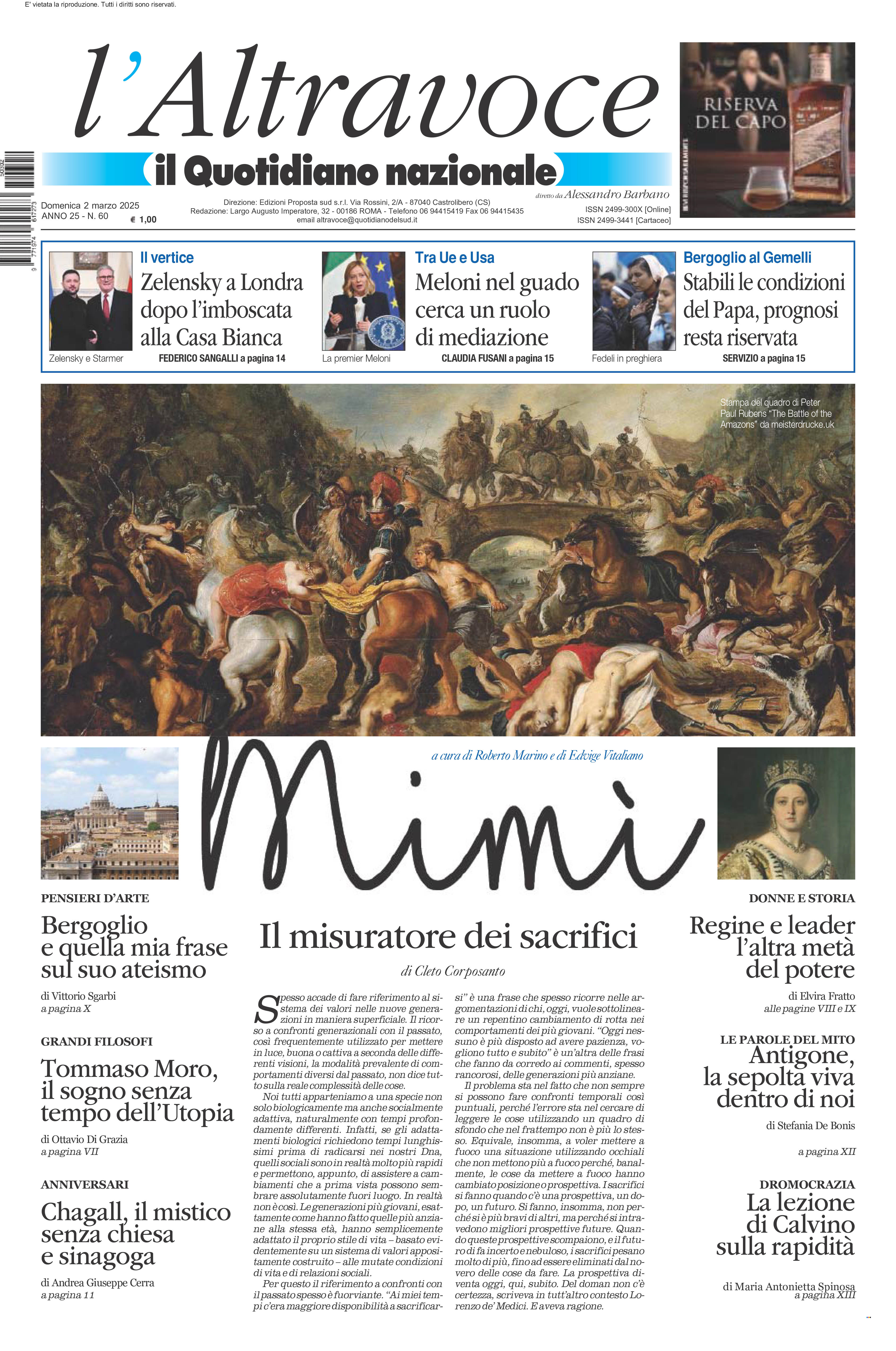 La prima pagina de l’ALTRAVOCE in edicola oggi