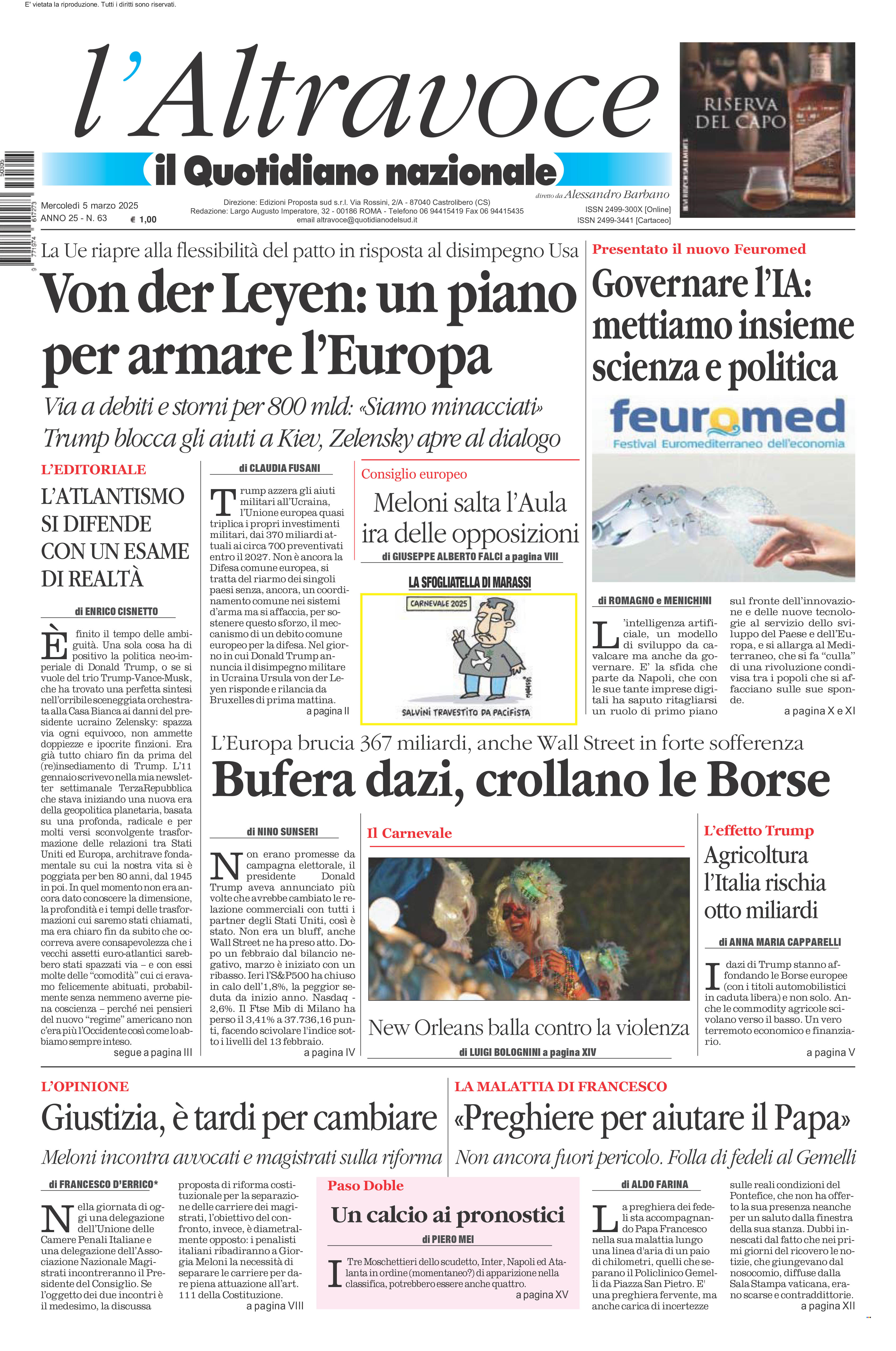 La prima pagina de l’ALTRAVOCE in edicola oggi