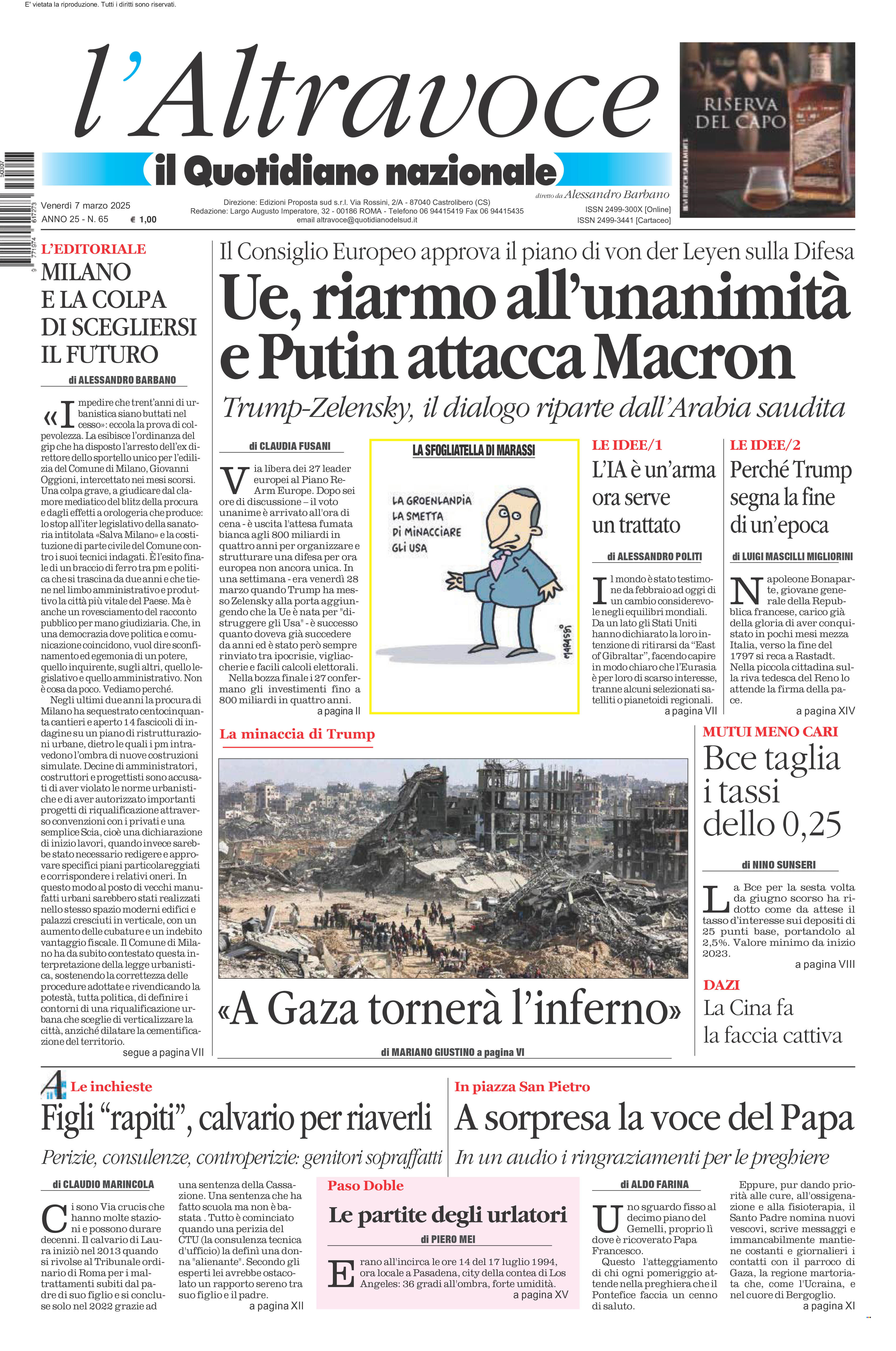 La prima pagina de l’ALTRAVOCE in edicola oggi