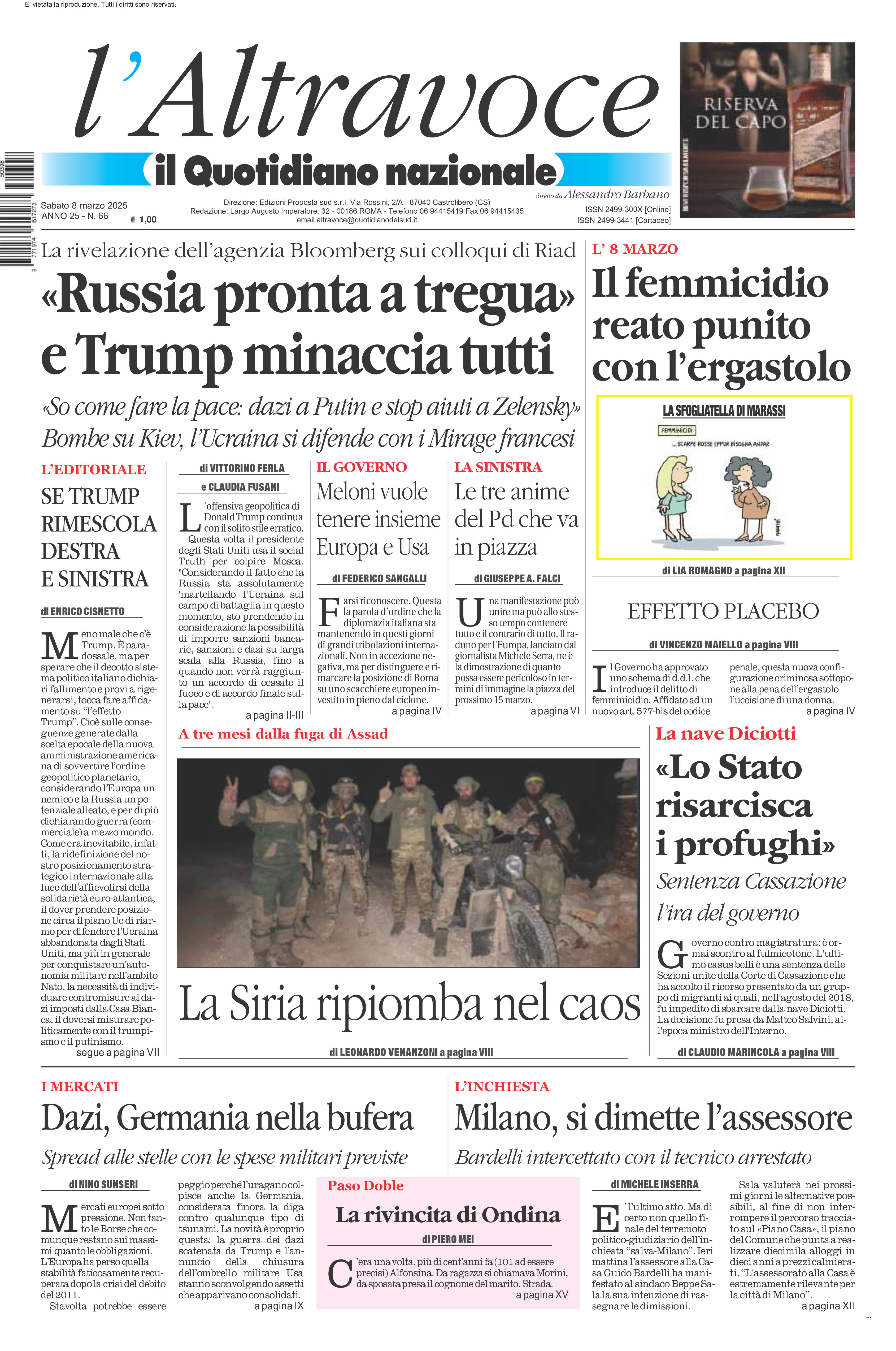 La prima pagina de l’ALTRAVOCE in edicola oggi