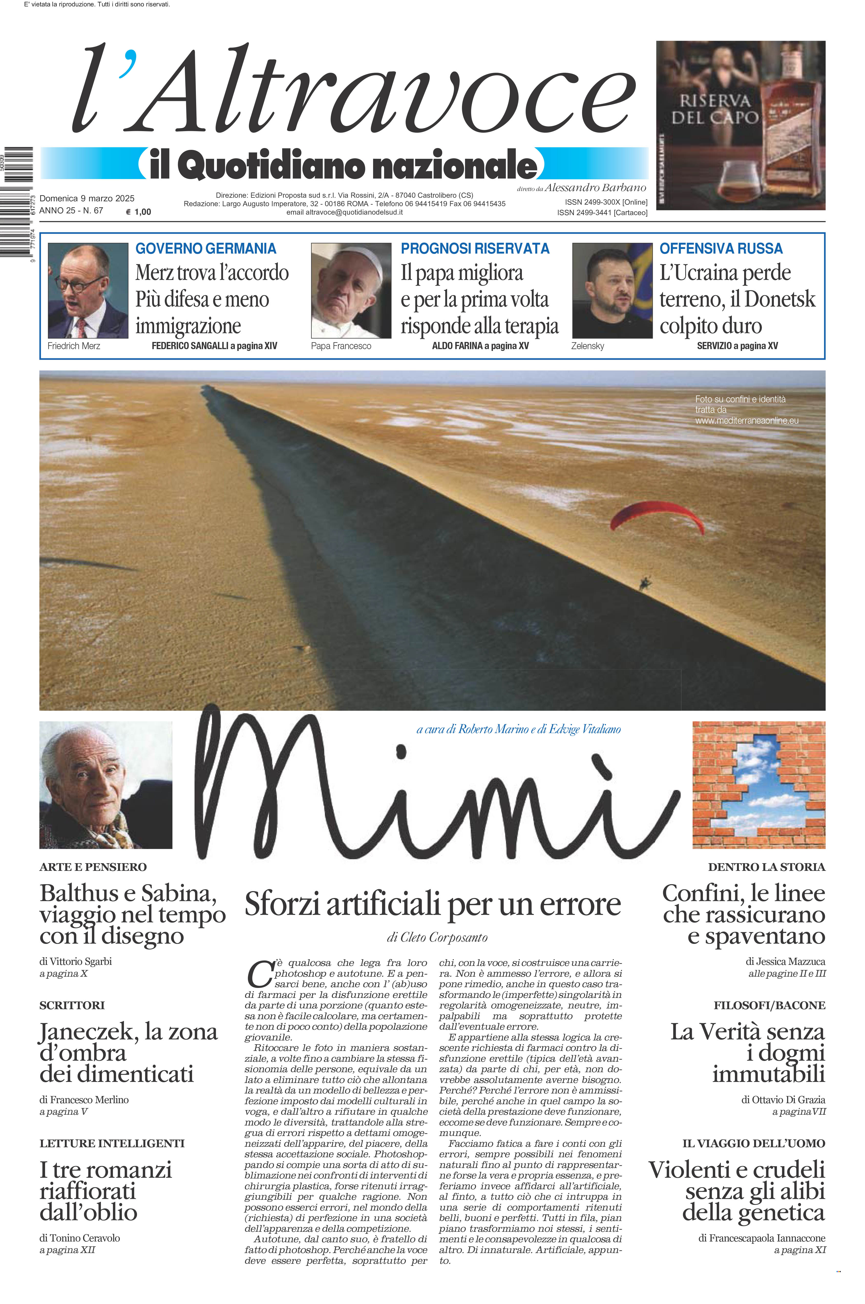 La prima pagina de l’ALTRAVOCE in edicola oggi