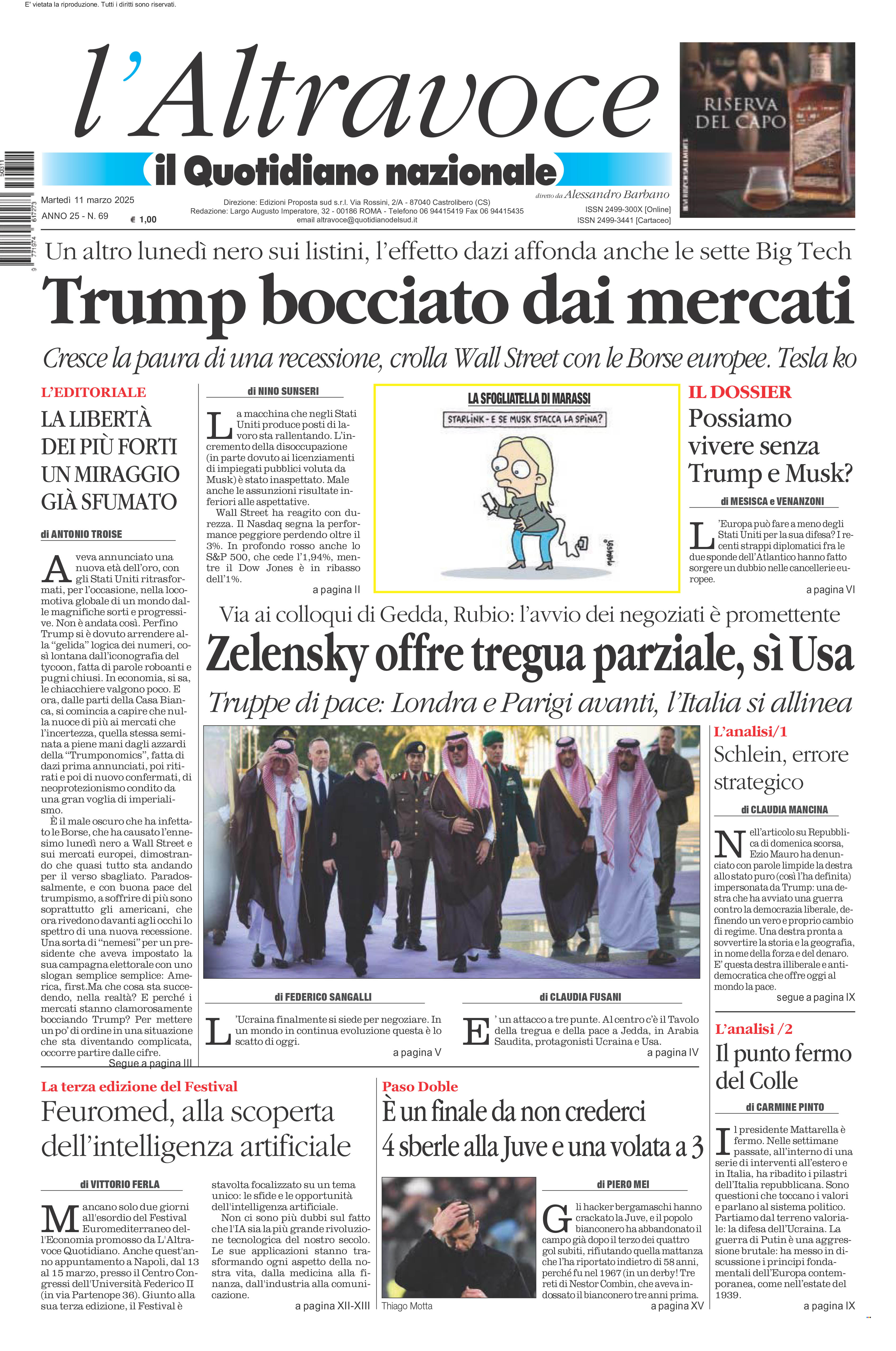 La prima pagina de l’ALTRAVOCE in edicola oggi