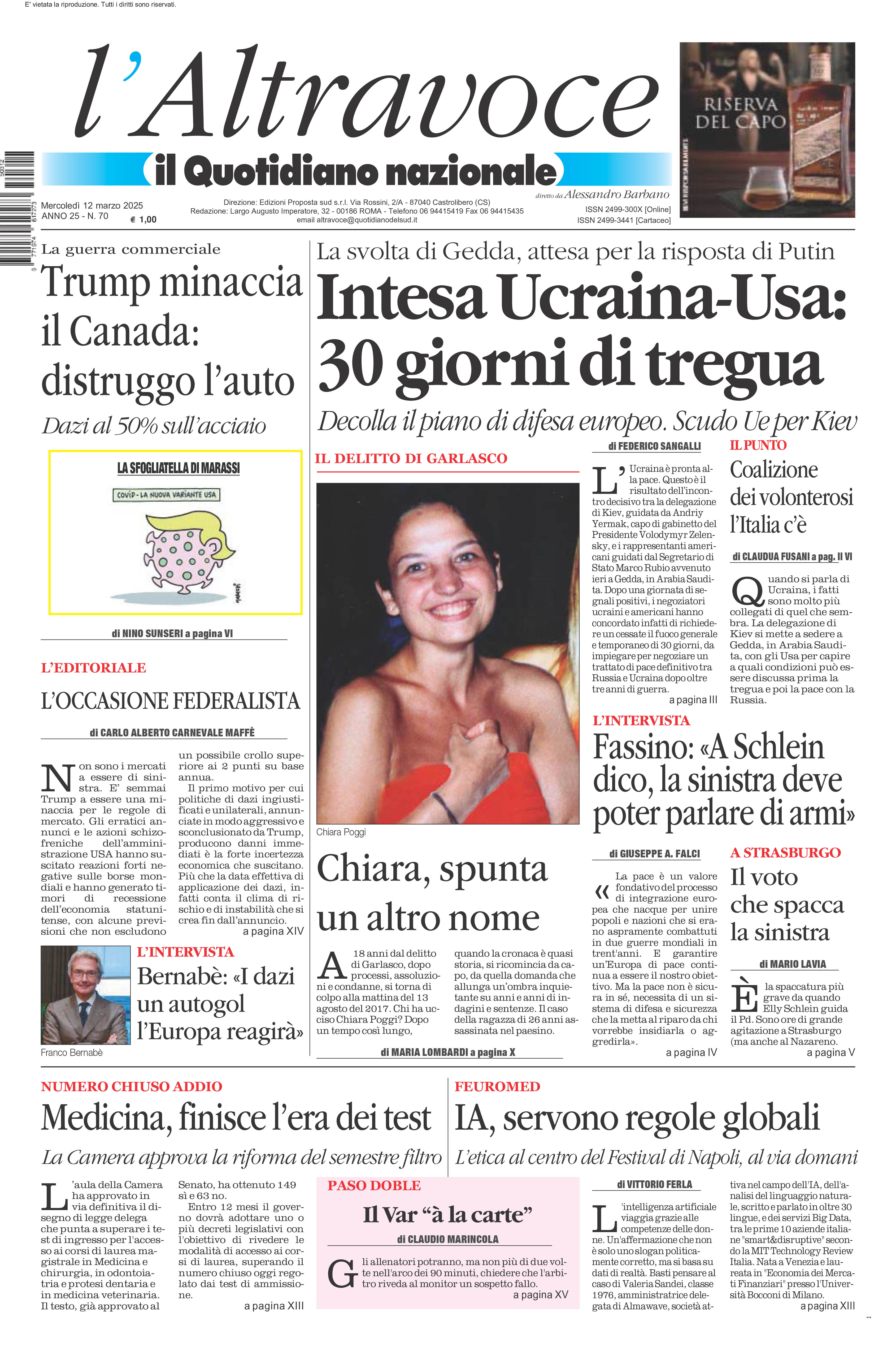 La prima pagina de l’ALTRAVOCE in edicola oggi