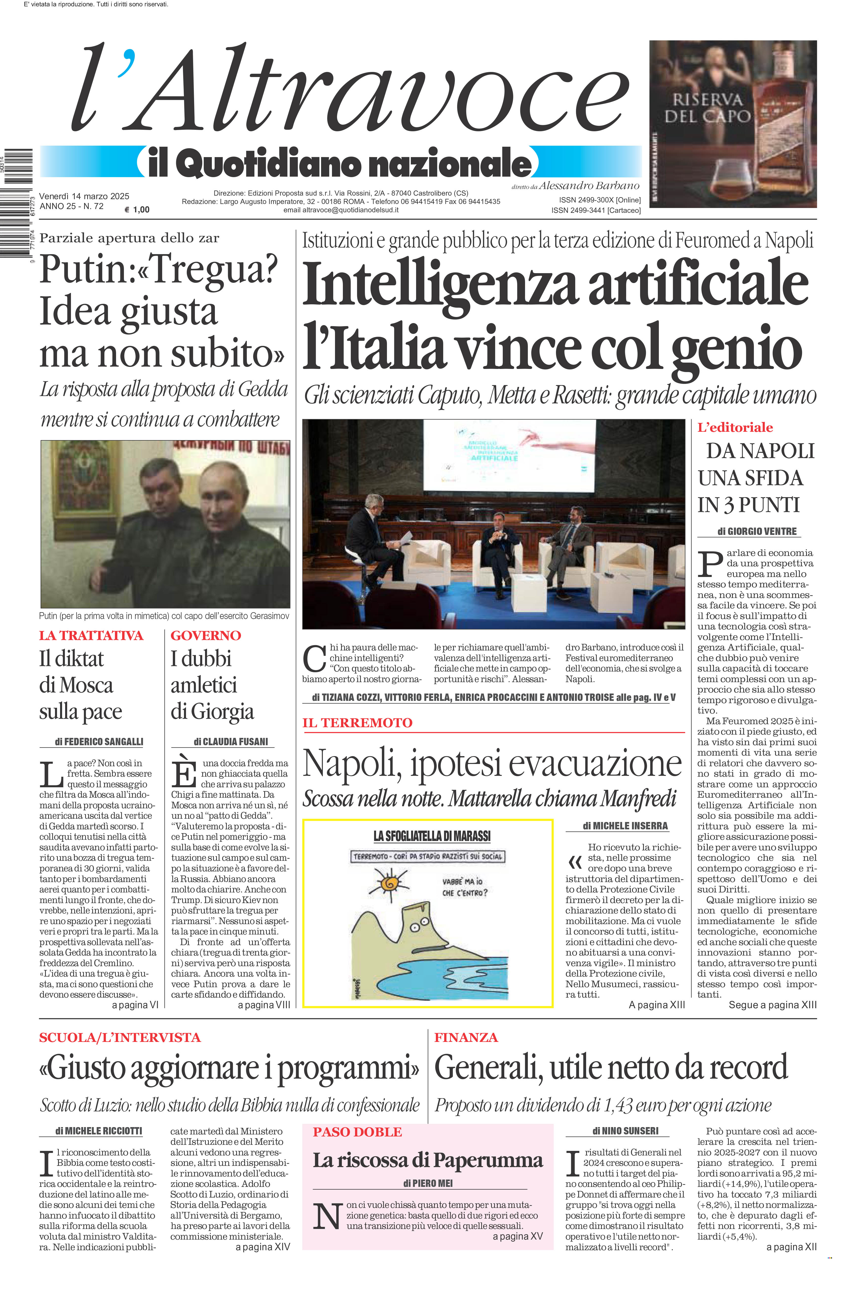 La prima pagina de l’ALTRAVOCE in edicola oggi